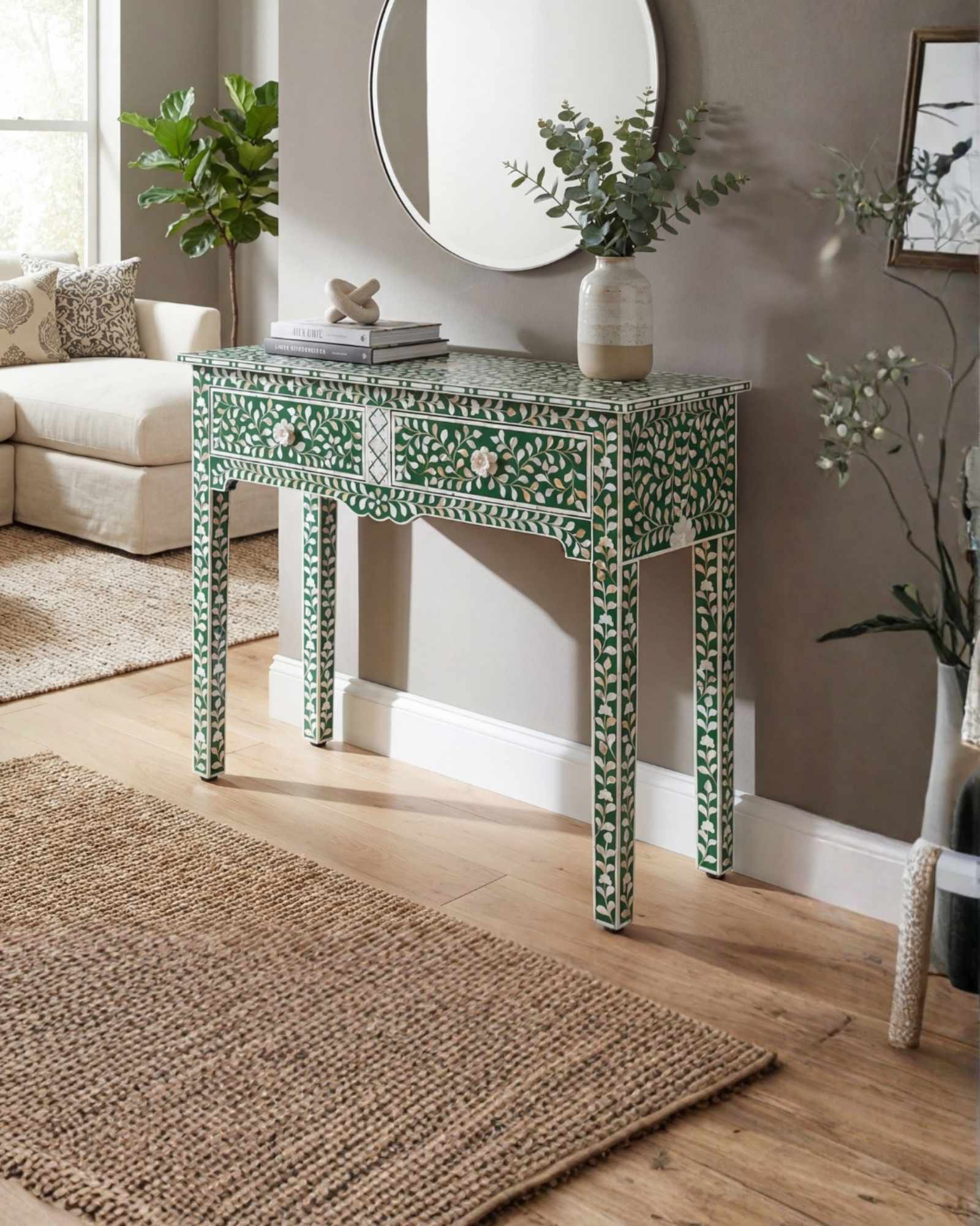 Green mother of pearl inlay console with curved fully inlaid base, handcrafted with seamless iridescent detailing.