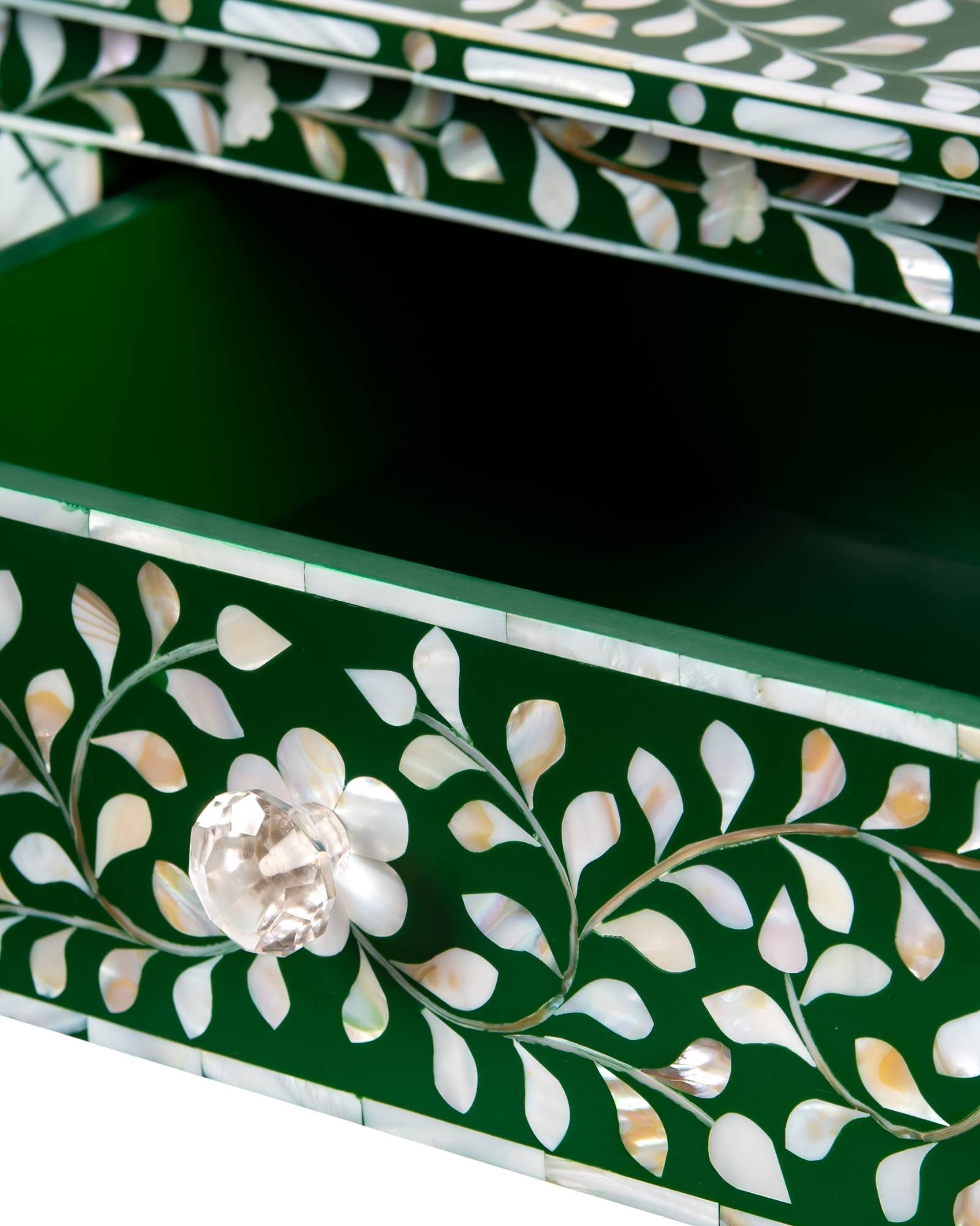 Green mother of pearl inlay console with curved fully inlaid base, handcrafted with seamless iridescent detailing.