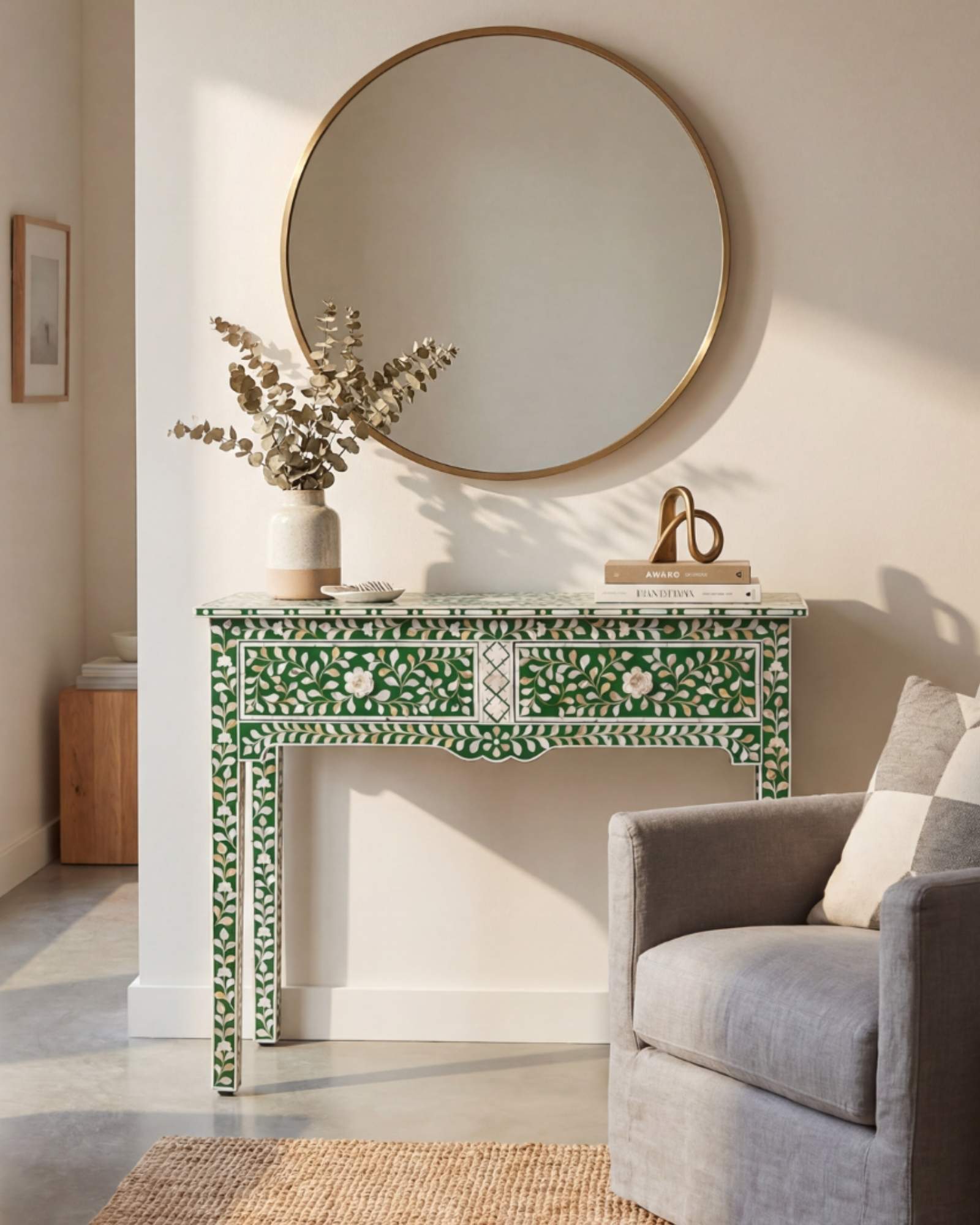 Green mother of pearl inlay console with curved fully inlaid base, handcrafted with seamless iridescent detailing.