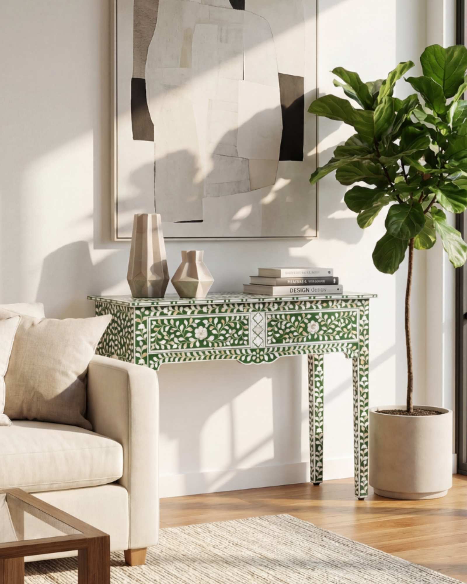 Green mother of pearl inlay console with curved fully inlaid base, handcrafted with seamless iridescent detailing.
