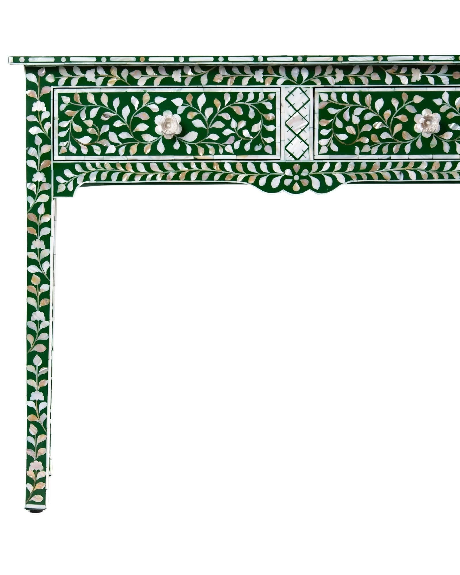 Green mother of pearl inlay console with curved fully inlaid base, handcrafted with seamless iridescent detailing.