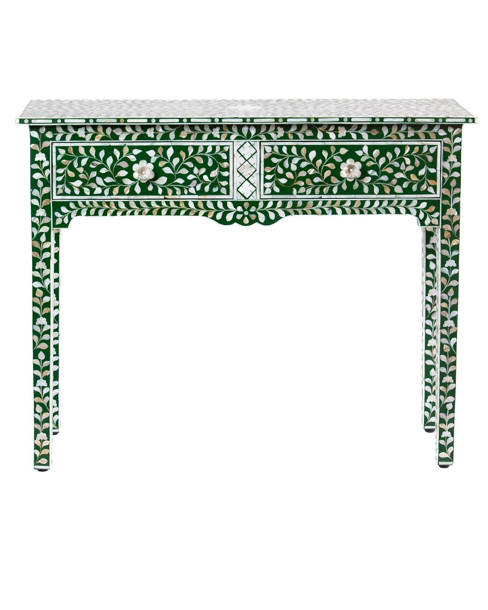 Green mother of pearl inlay console with curved fully inlaid base, handcrafted with seamless iridescent detailing.