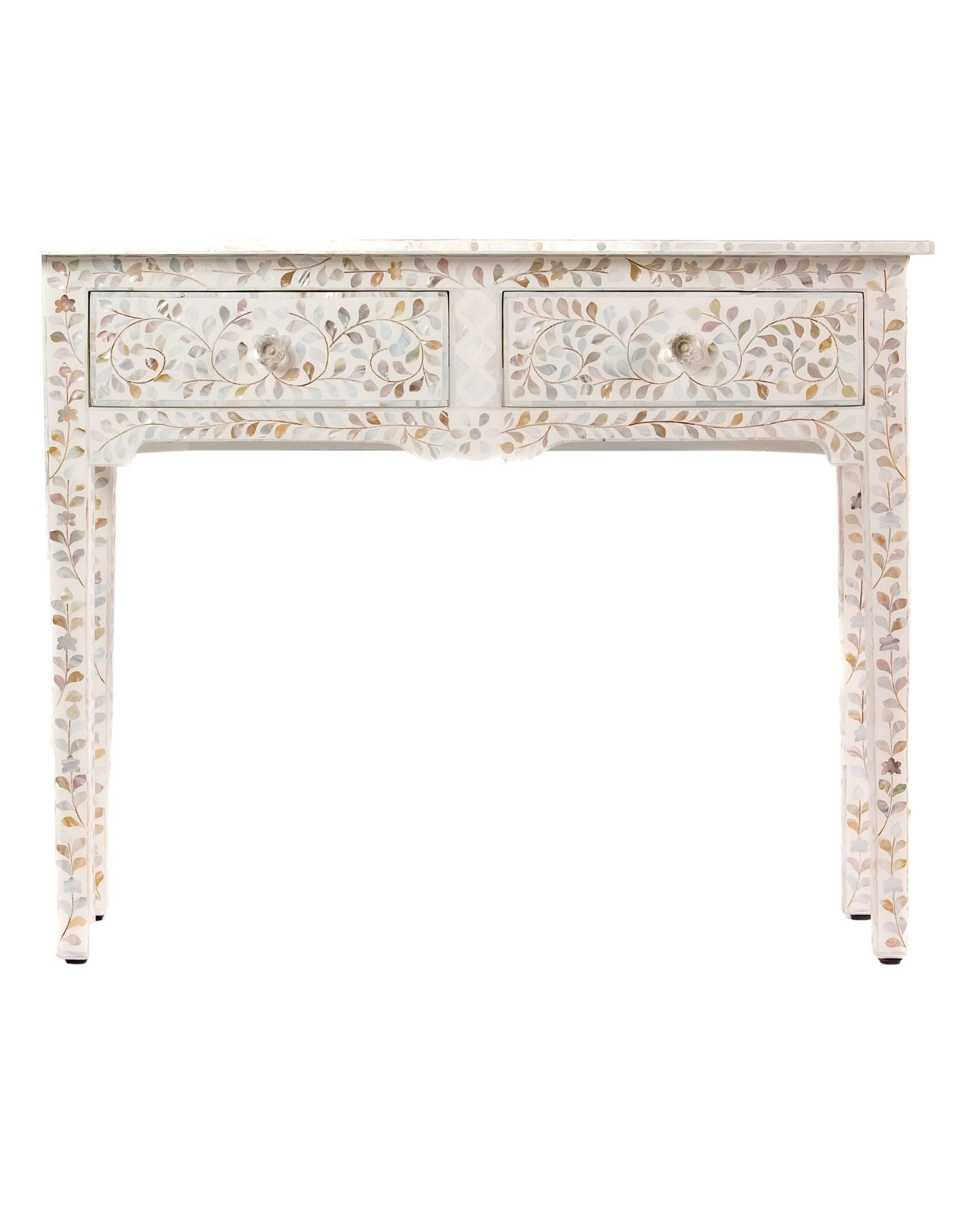 White mother of pearl inlay console with curved fully inlaid base, handcrafted with seamless iridescent detailing.