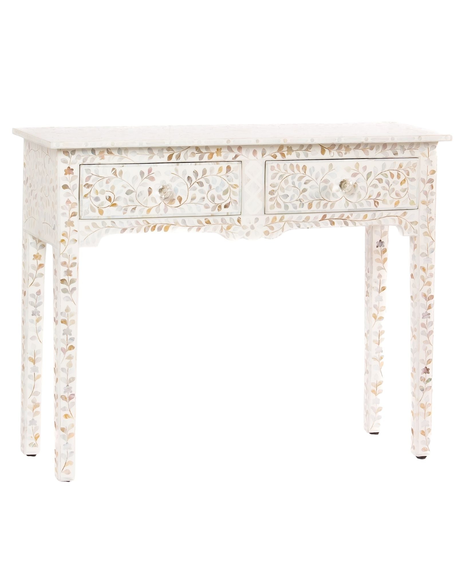 White mother of pearl inlay console with curved fully inlaid base, handcrafted with seamless iridescent detailing.