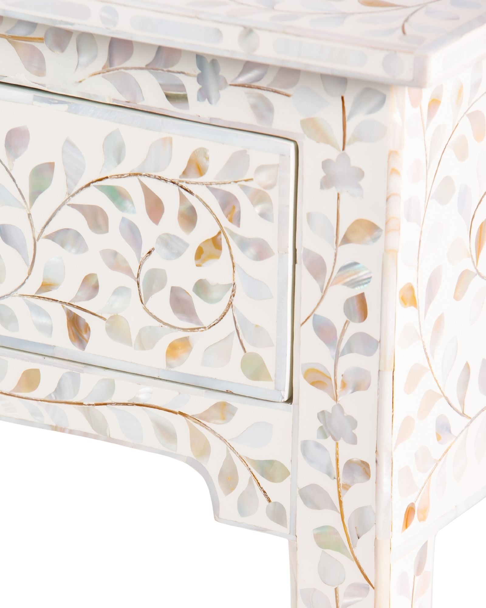 White mother of pearl inlay console with curved fully inlaid base, handcrafted with seamless iridescent detailing.