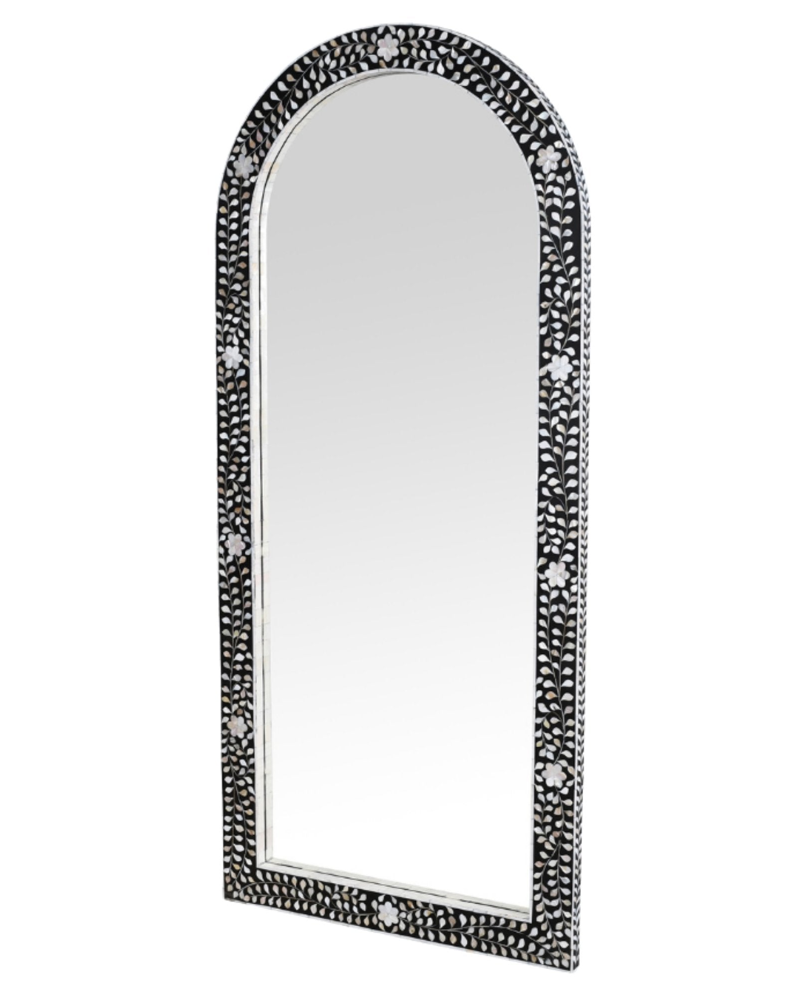 Elegant black mother of pearl inlay mirror with floral pattern, handcrafted for timeless luxury and sophistication.