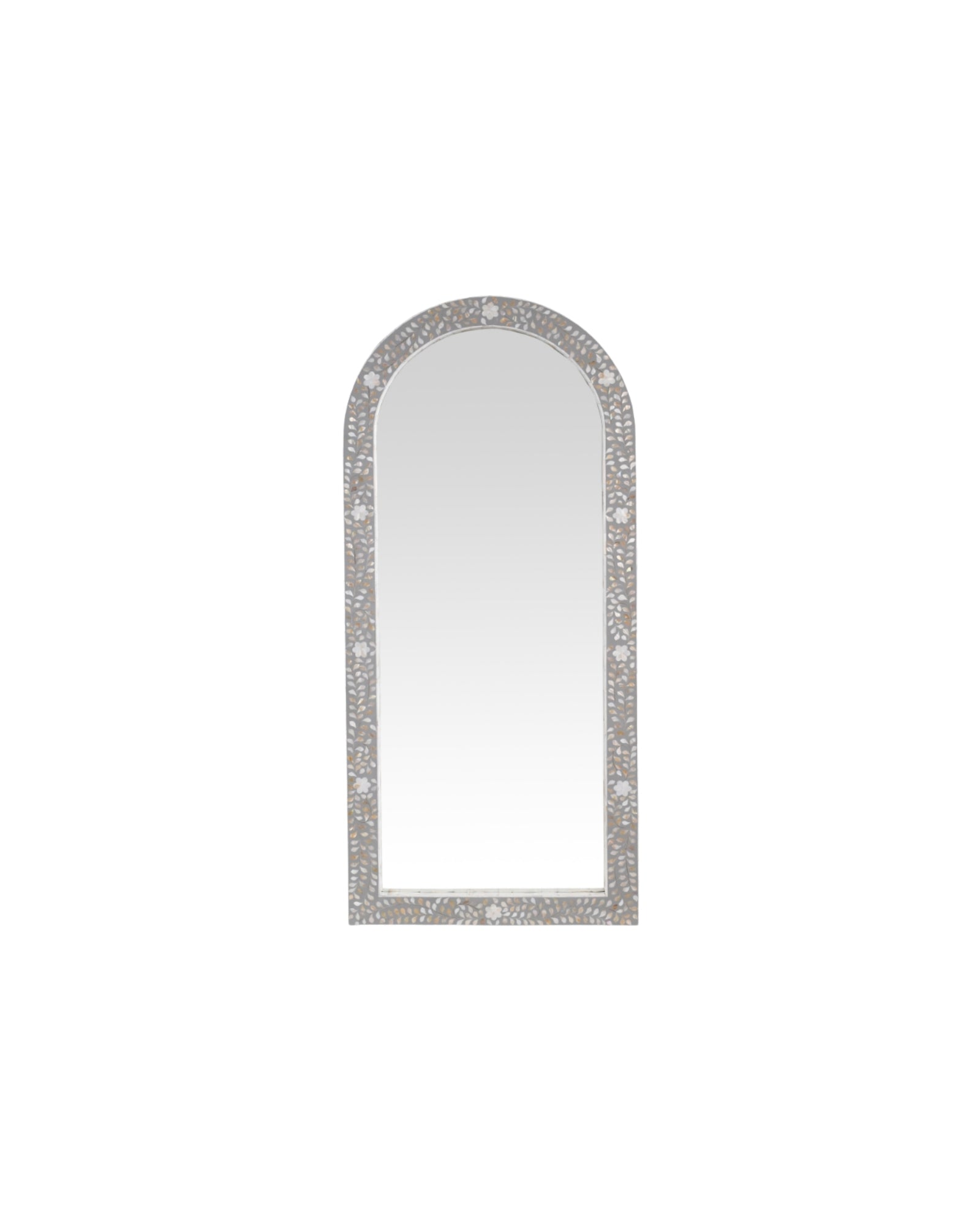 Handcrafted grey mother of pearl inlay mirror with floral detailing and arched frame, perfect for elegant interiors.