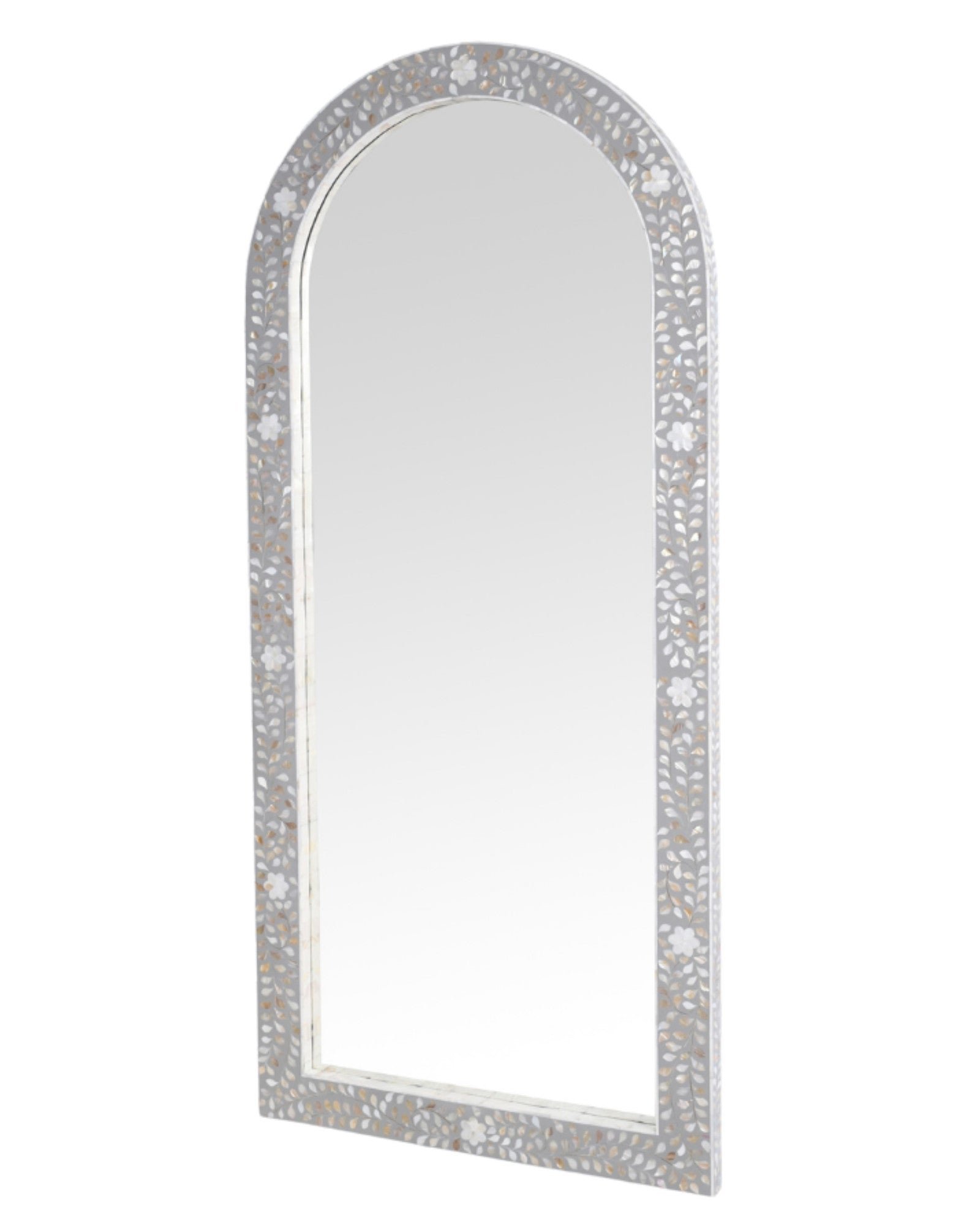 Handcrafted grey mother of pearl inlay mirror with floral detailing and arched frame, perfect for elegant interiors.