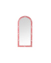 Handcrafted arched mirror with pink mother of pearl inlay, featuring intricate floral and vine detailing on a sleek frame.