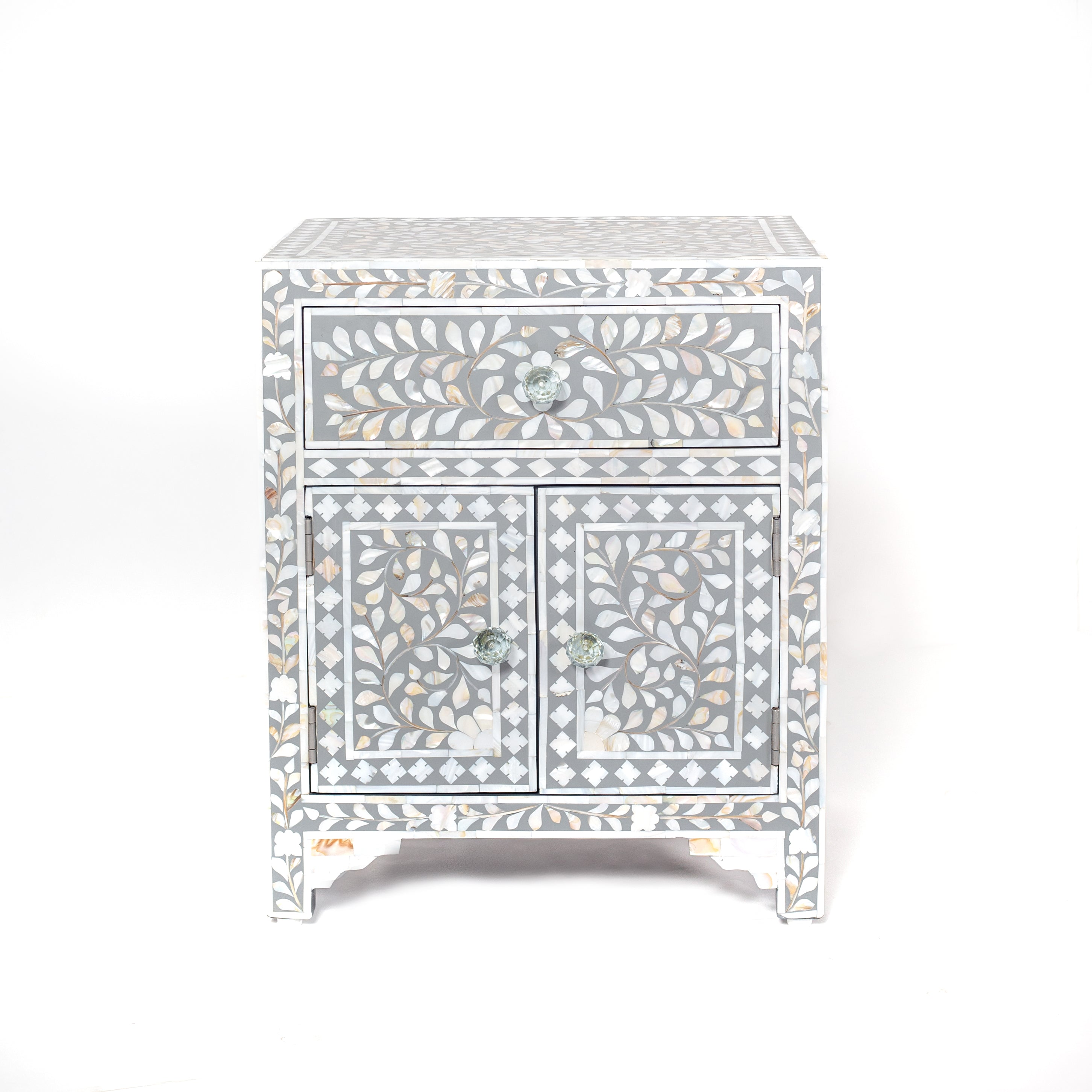 Handcrafted grey and white Mother of Pearl inlay side drawers by Tabeer Homes, made from solid mango wood with floral motifs and global delivery.