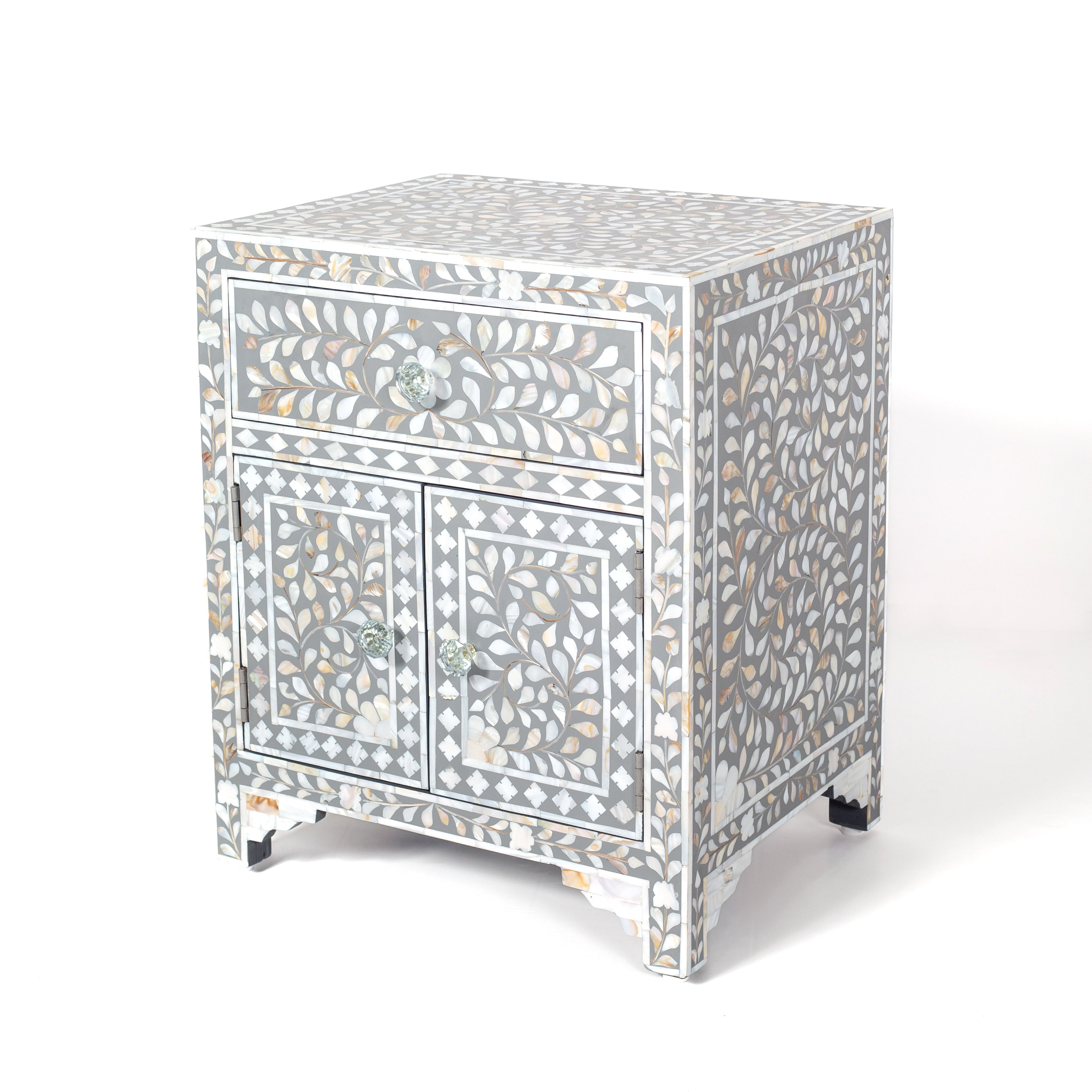 Handcrafted grey and white Mother of Pearl inlay side drawers by Tabeer Homes, made from solid mango wood with floral motifs and global delivery.