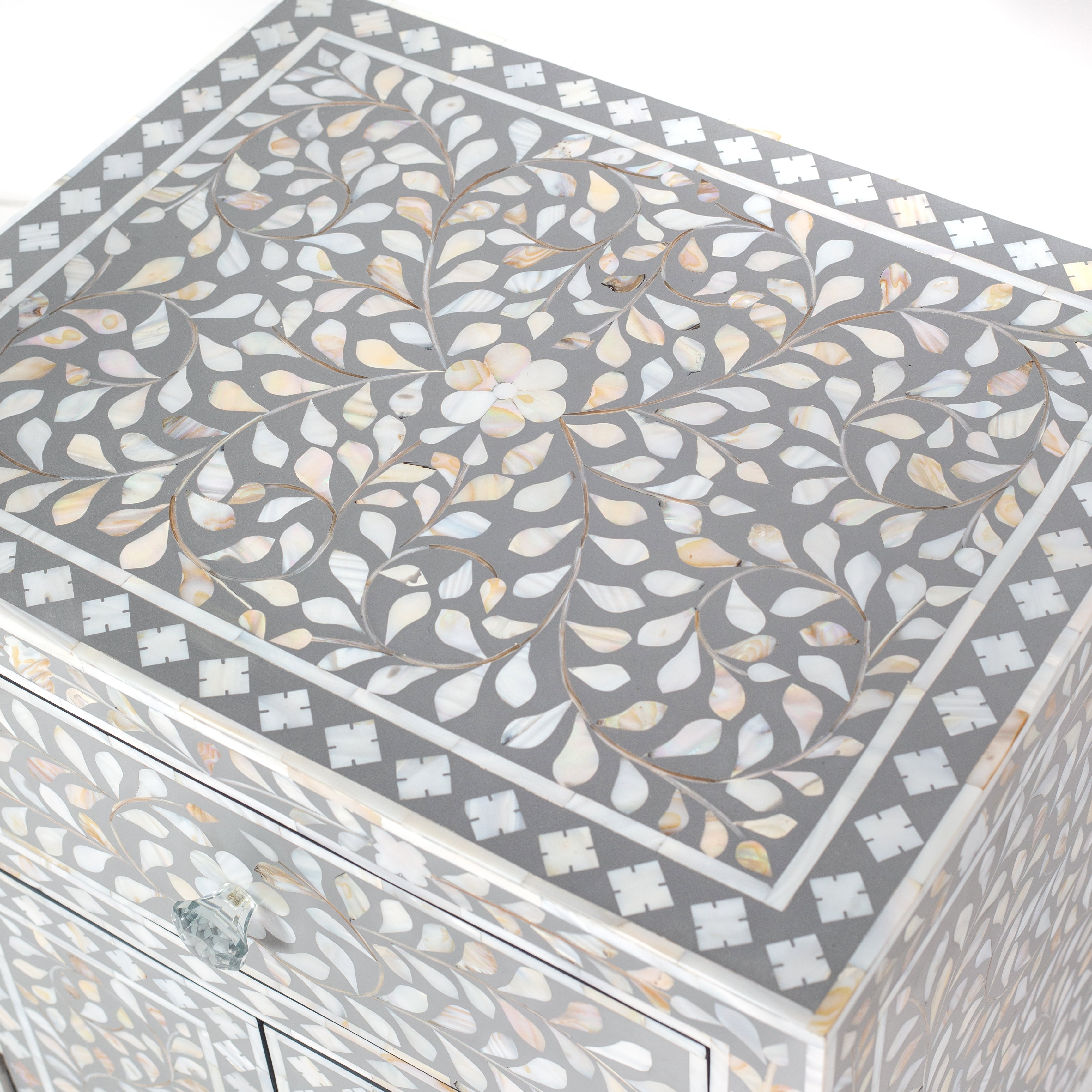 Handcrafted grey and white Mother of Pearl inlay side drawers by Tabeer Homes, made from solid mango wood with floral motifs and global delivery.