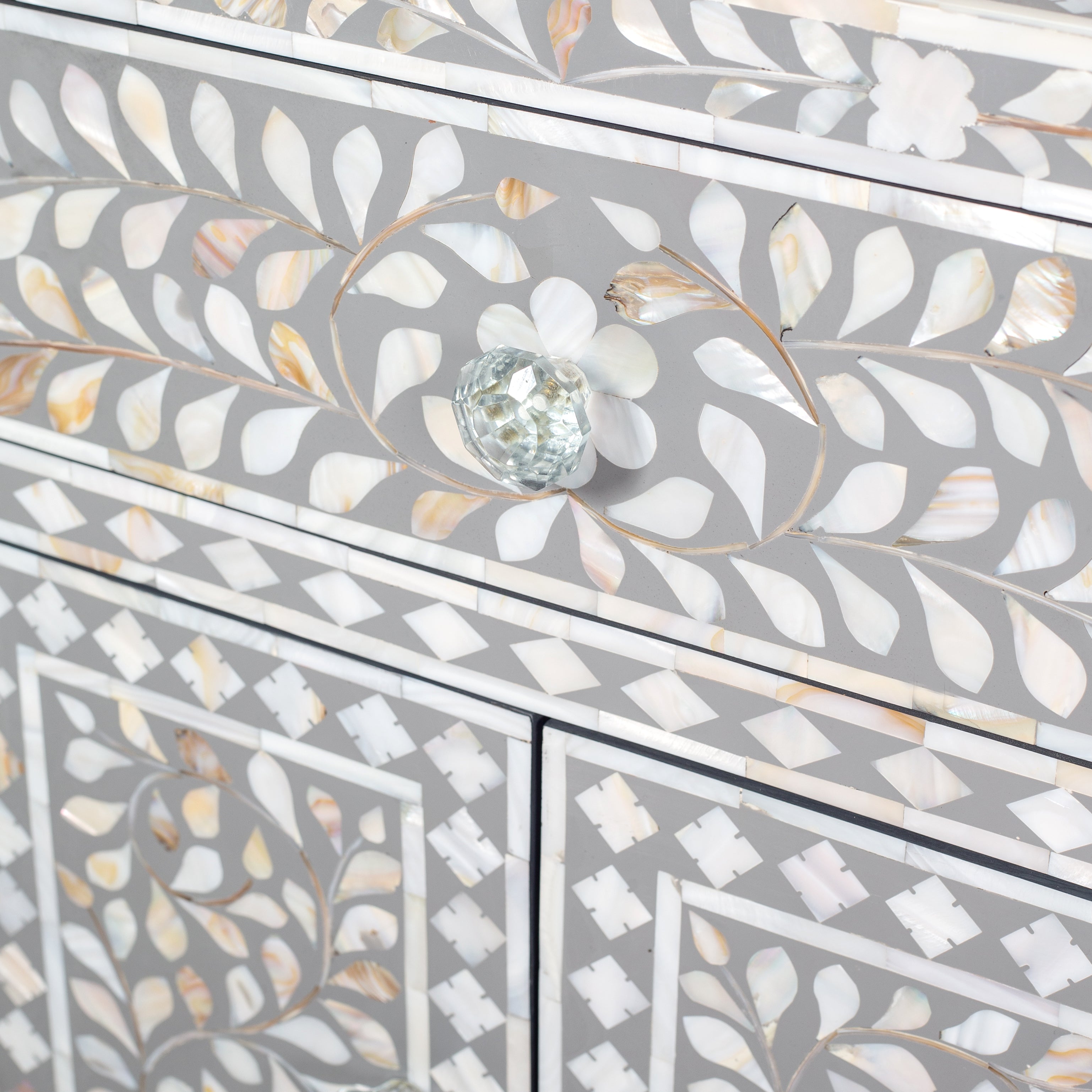 Handcrafted grey and white Mother of Pearl inlay side drawers by Tabeer Homes, made from solid mango wood with floral motifs and global delivery.