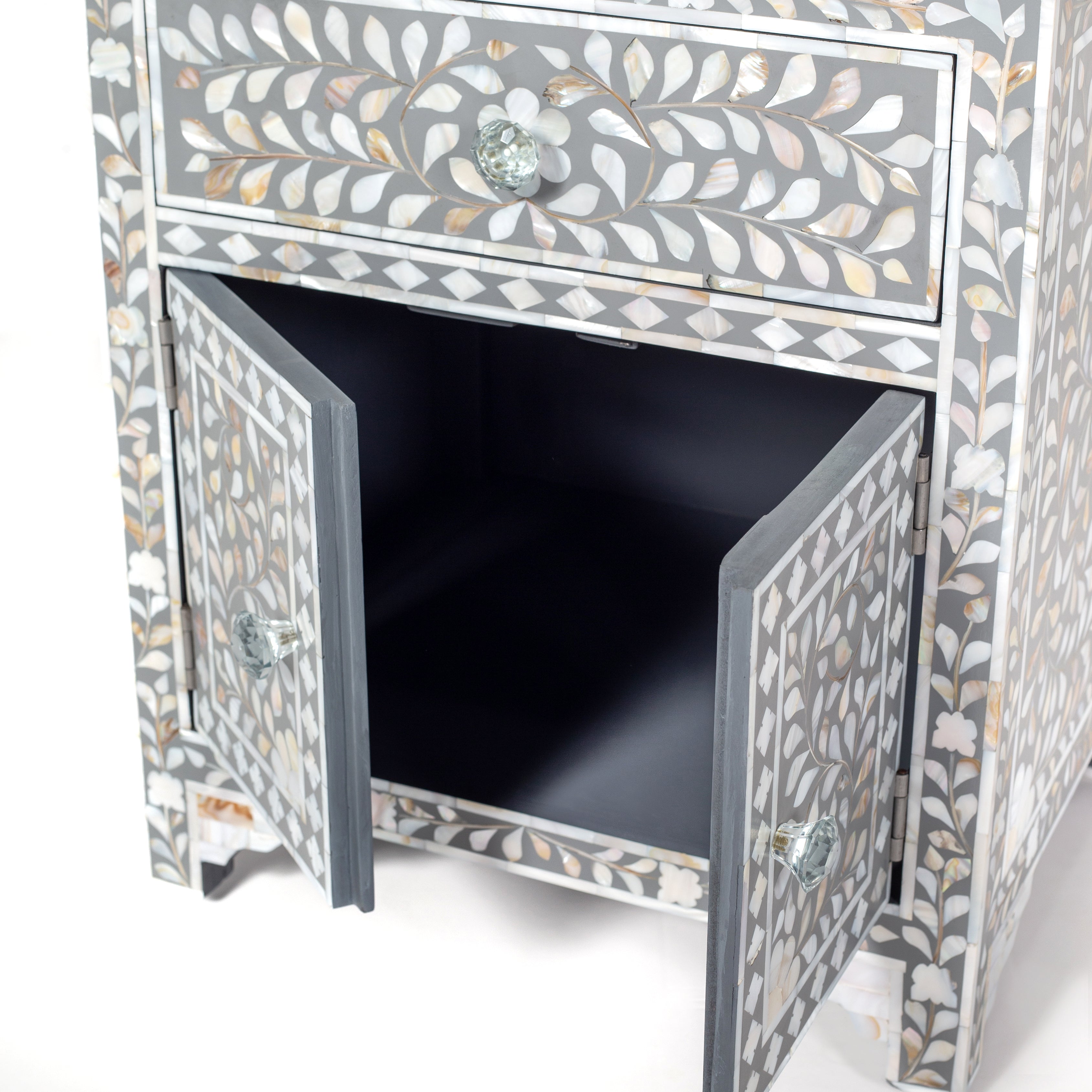 Handcrafted grey and white Mother of Pearl inlay side drawers by Tabeer Homes, made from solid mango wood with floral motifs and global delivery.