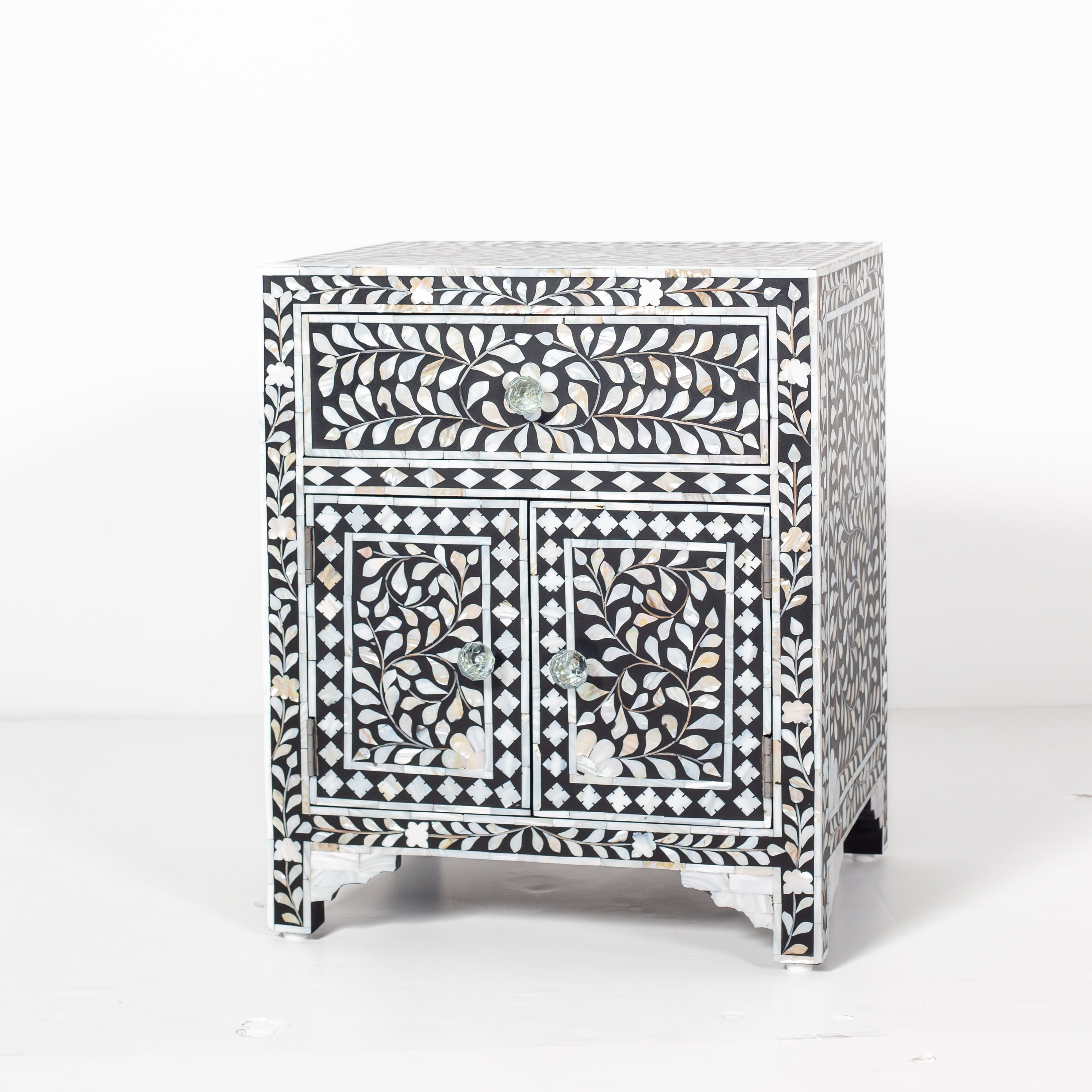 Handcrafted black and white mother of pearl inlay side drawers, artisan-made heirloom by Tabeer Homes furniture with global delivery.