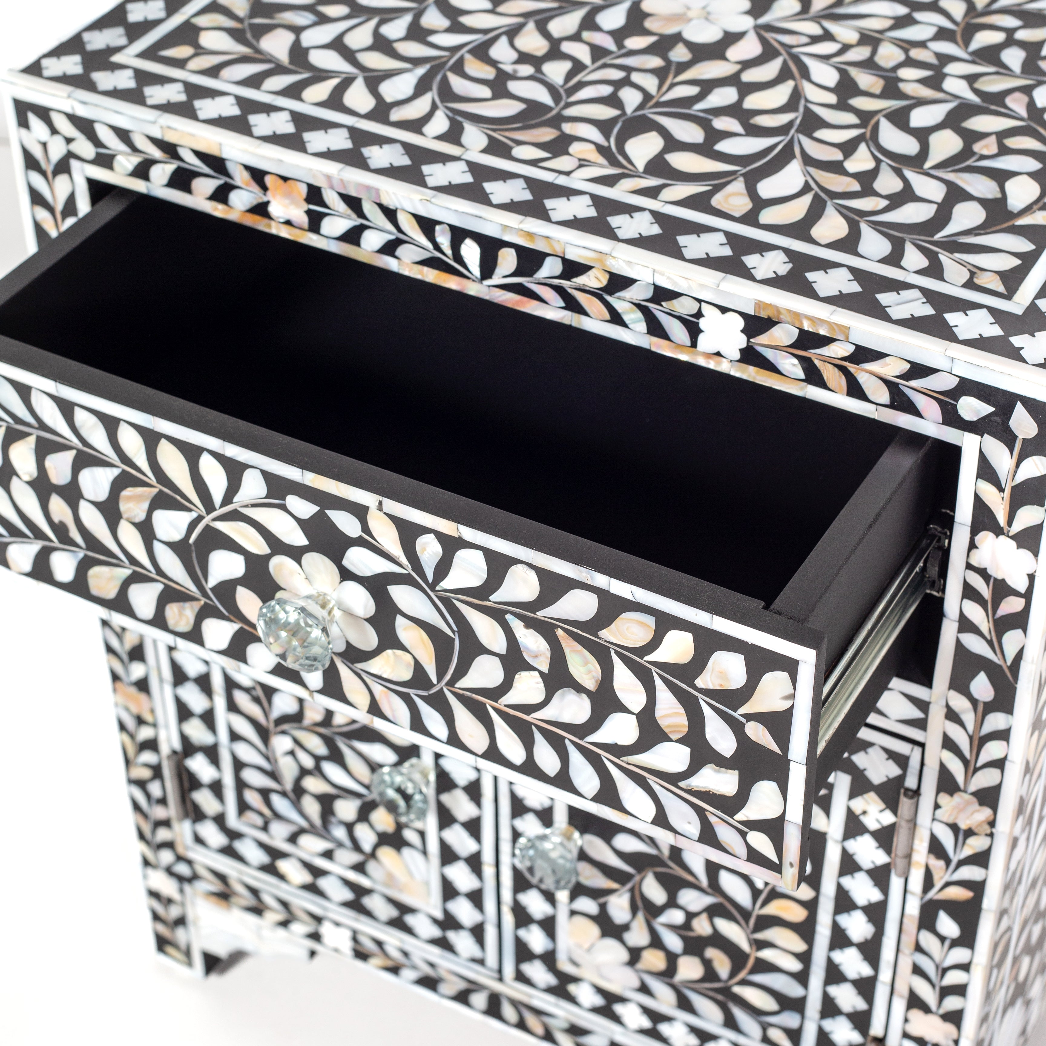 Handcrafted black and white mother of pearl inlay side drawers, artisan-made heirloom by Tabeer Homes furniture with global delivery.