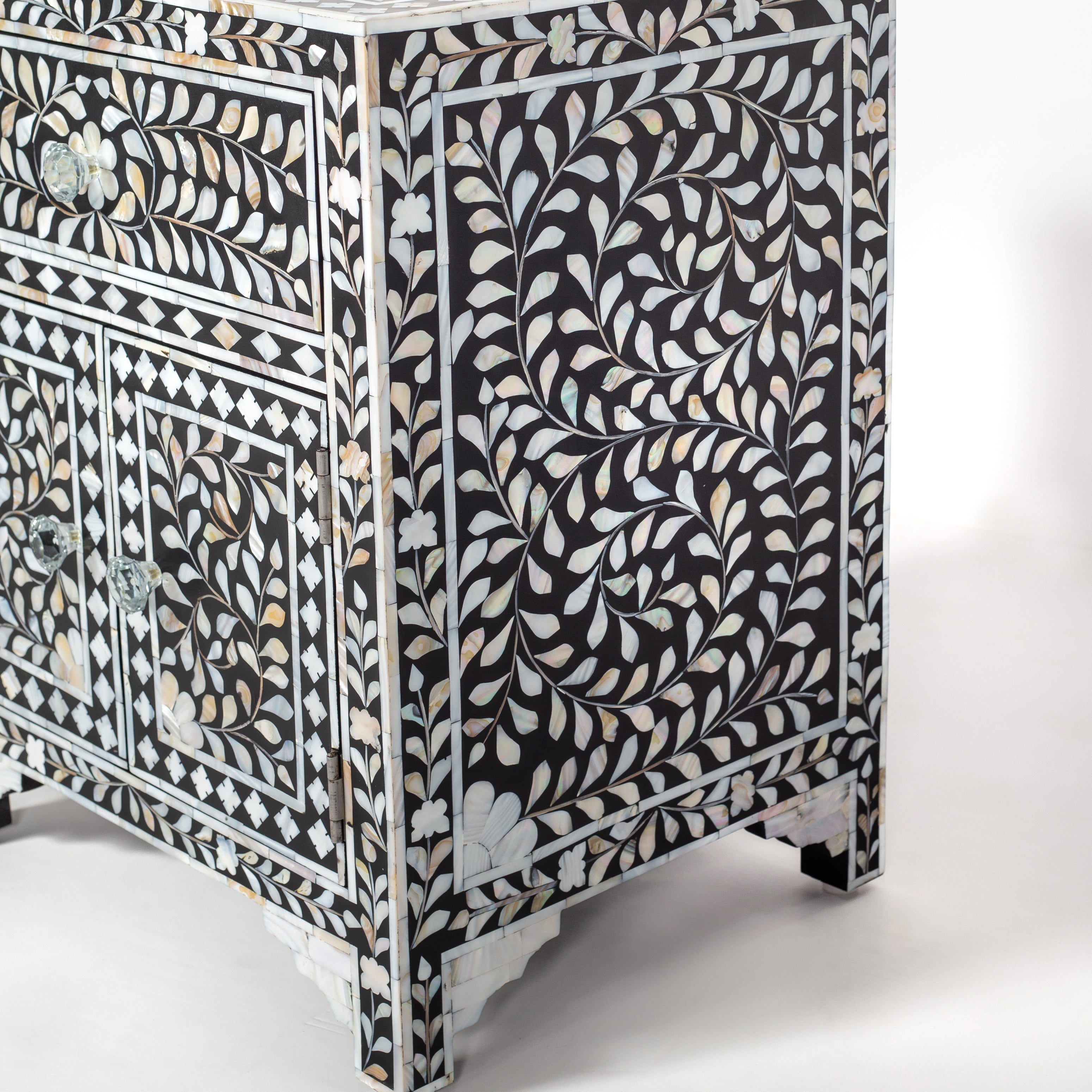 Handcrafted black and white mother of pearl inlay side drawers, artisan-made heirloom by Tabeer Homes furniture with global delivery.