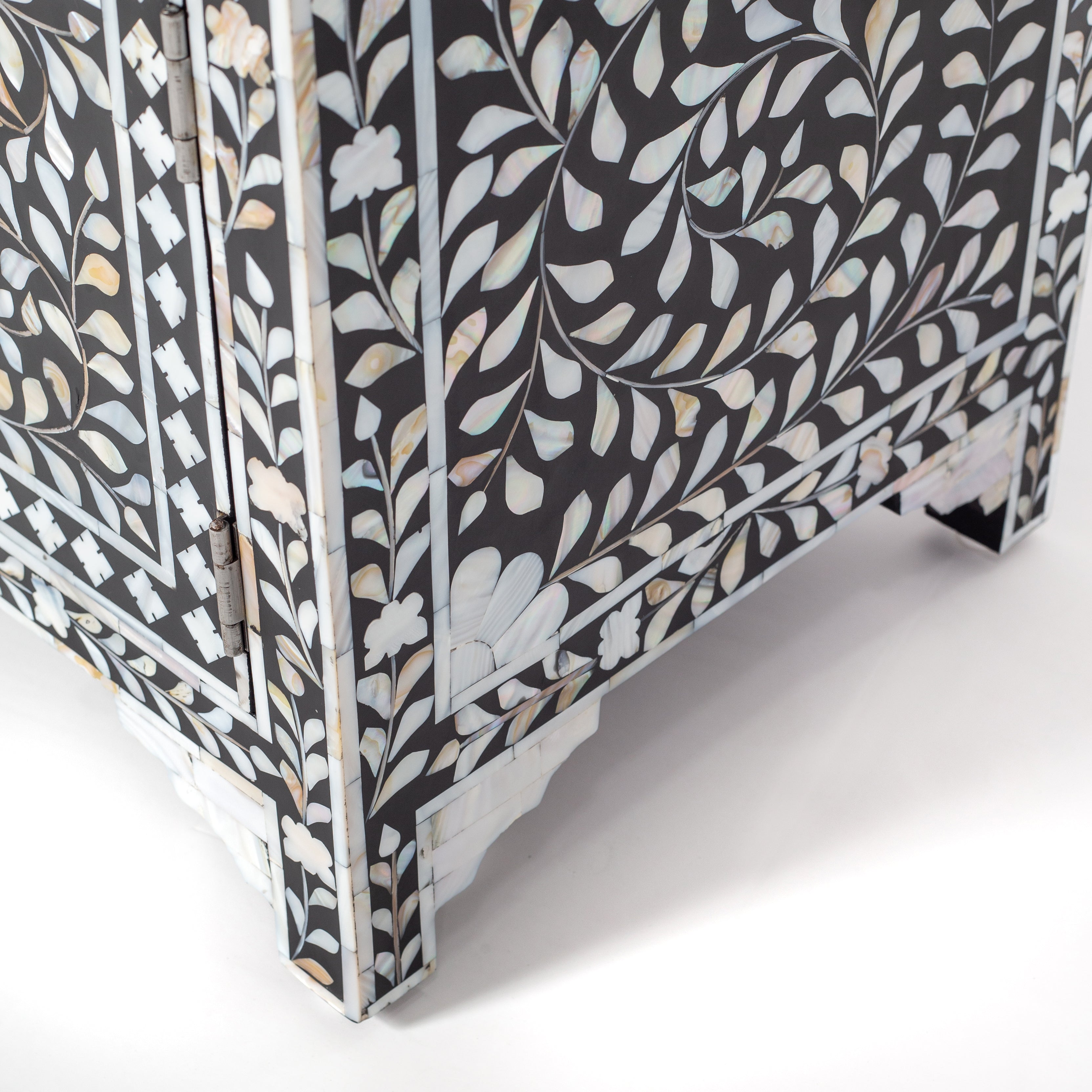 Handcrafted black and white mother of pearl inlay side drawers, artisan-made heirloom by Tabeer Homes furniture with global delivery.