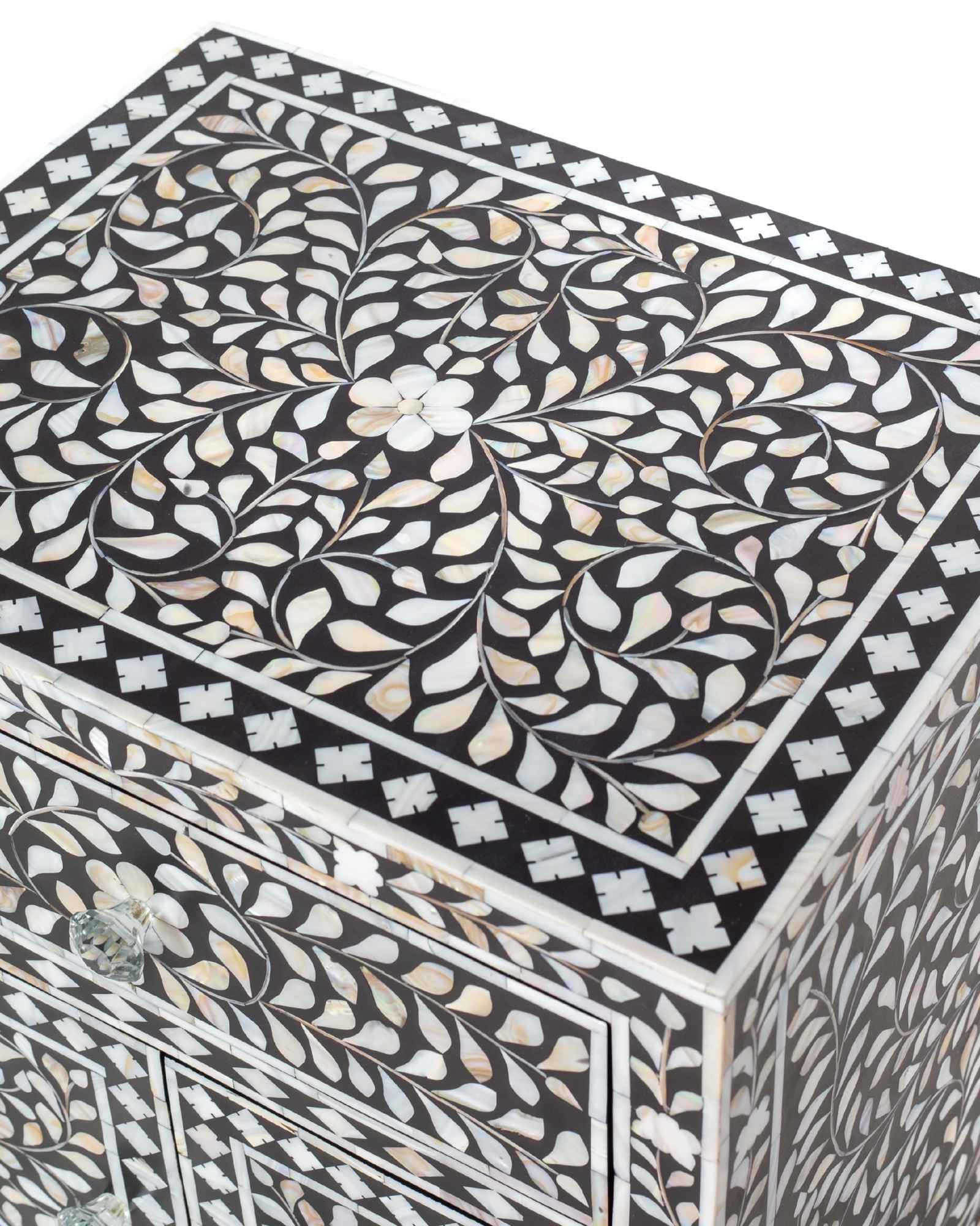 Handcrafted black and white mother of pearl inlay side drawers, artisan-made heirloom by Tabeer Homes furniture with global delivery.