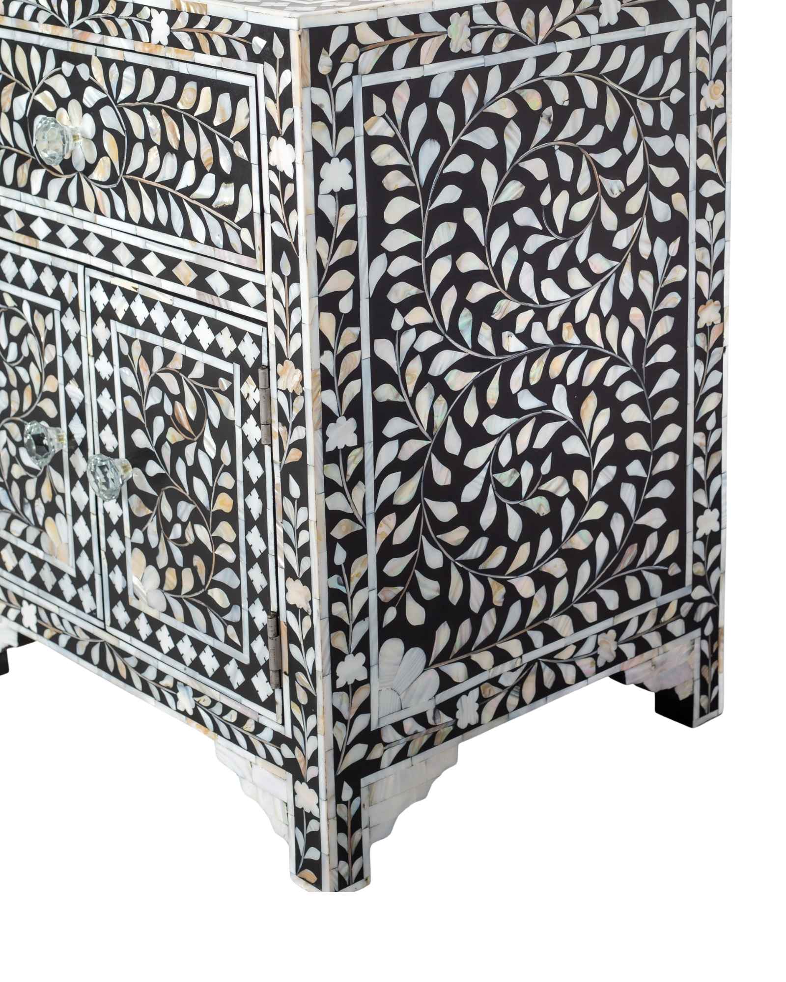 Handcrafted black and white mother of pearl inlay side drawers, artisan-made heirloom by Tabeer Homes furniture with global delivery.