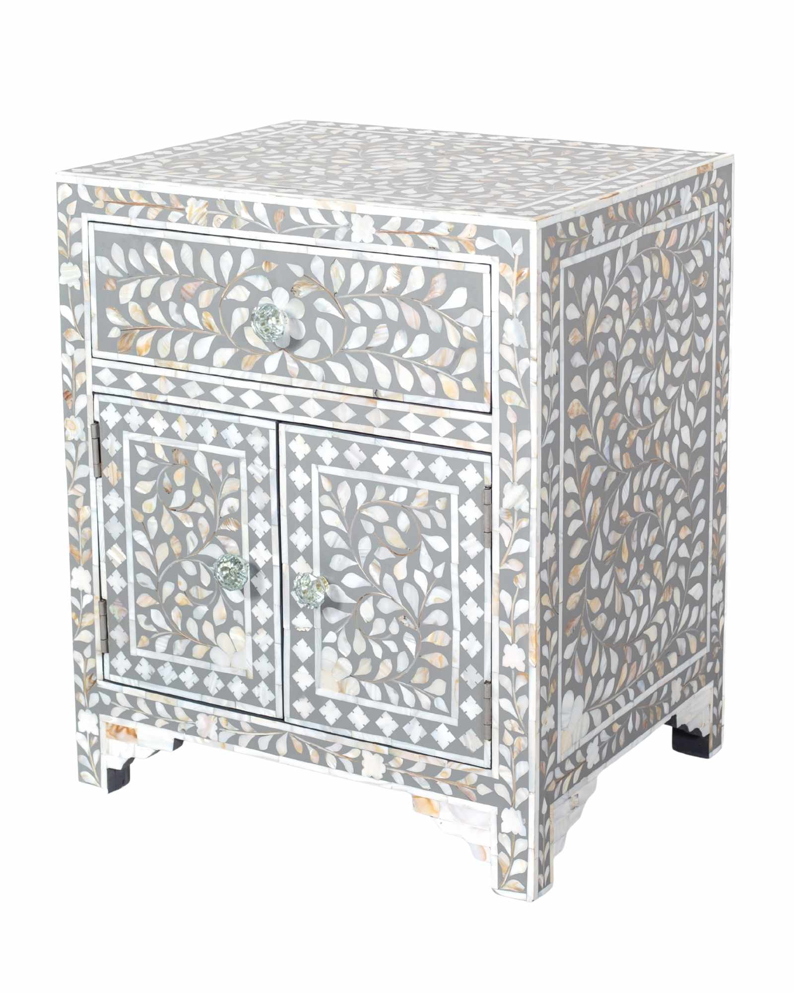 Handcrafted grey and white Mother of Pearl inlay side drawers by Tabeer Homes, made from solid mango wood with floral motifs and global delivery.