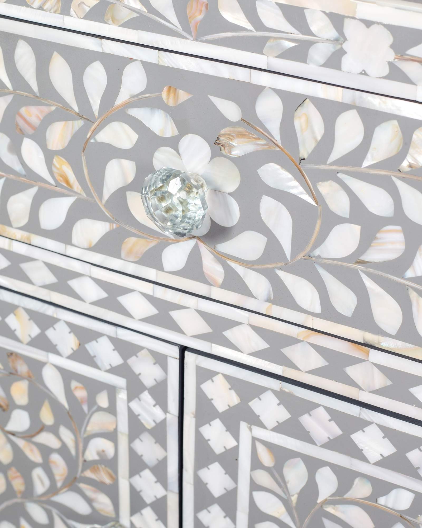 Handcrafted grey and white Mother of Pearl inlay side drawers by Tabeer Homes, made from solid mango wood with floral motifs and global delivery.