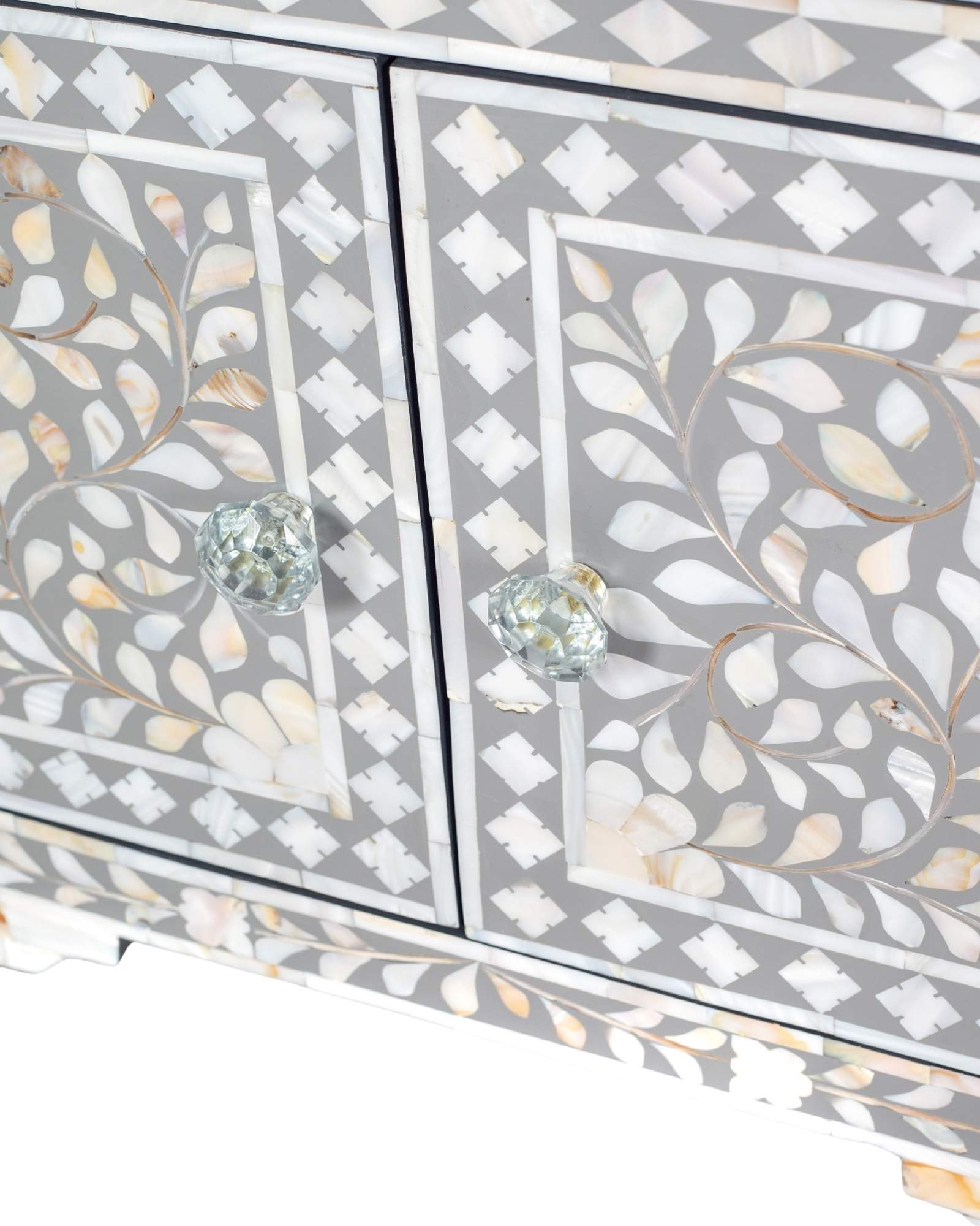 Handcrafted grey and white Mother of Pearl inlay side drawers by Tabeer Homes, made from solid mango wood with floral motifs and global delivery.