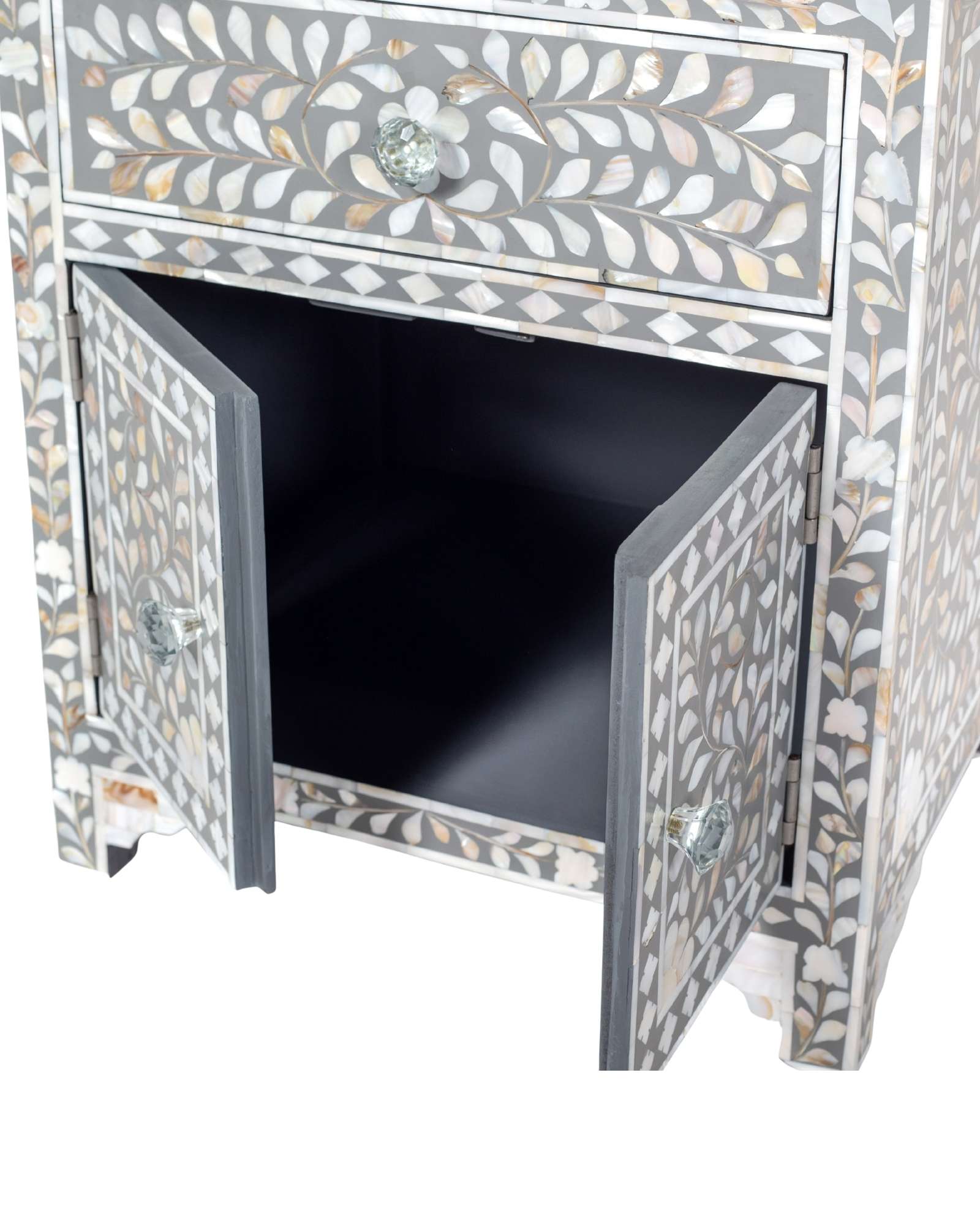 Handcrafted grey and white Mother of Pearl inlay side drawers by Tabeer Homes, made from solid mango wood with floral motifs and global delivery.