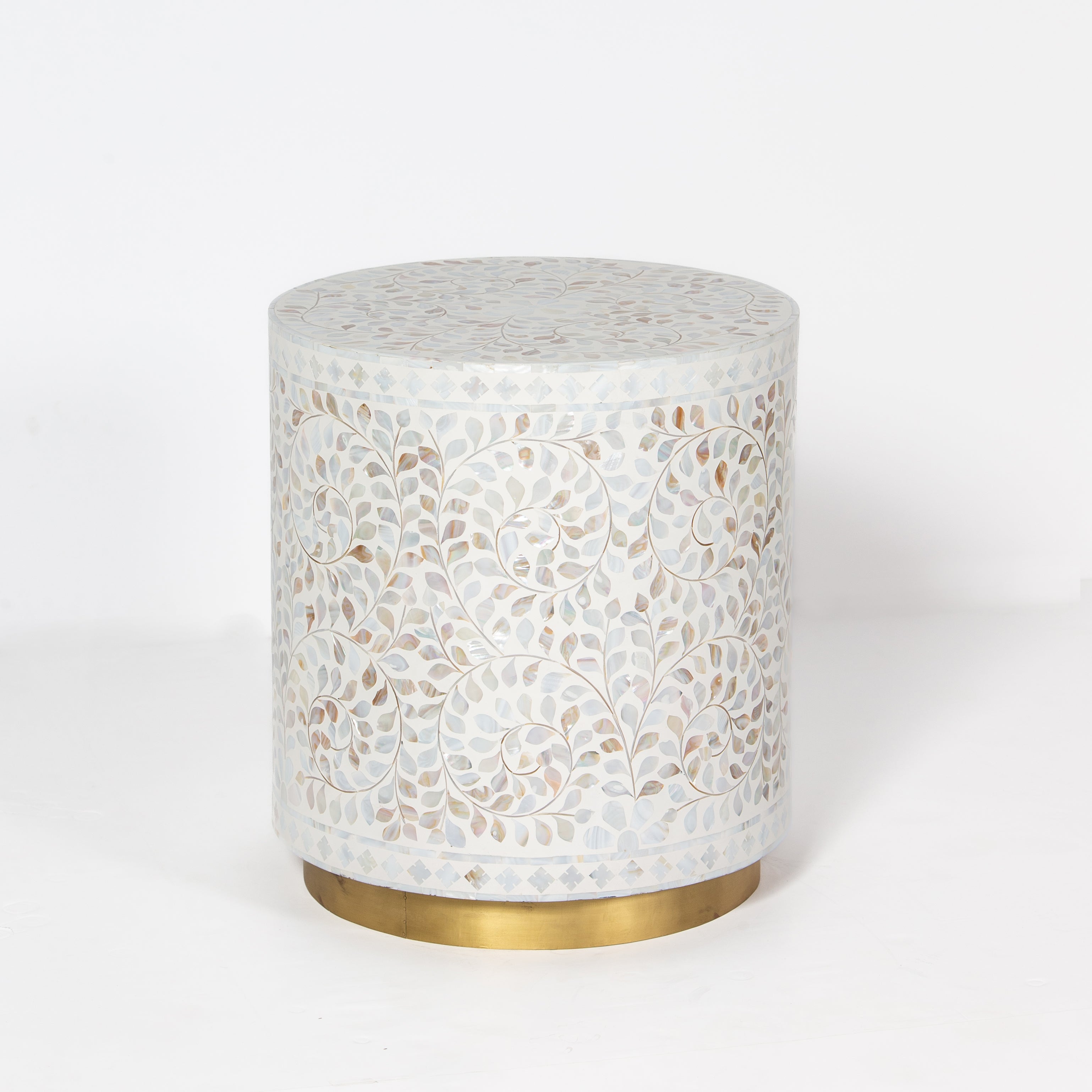 Handcrafted white Mother of Pearl inlay side table by Tabeer Homes, made from mango wood with brass base and floral detailing.