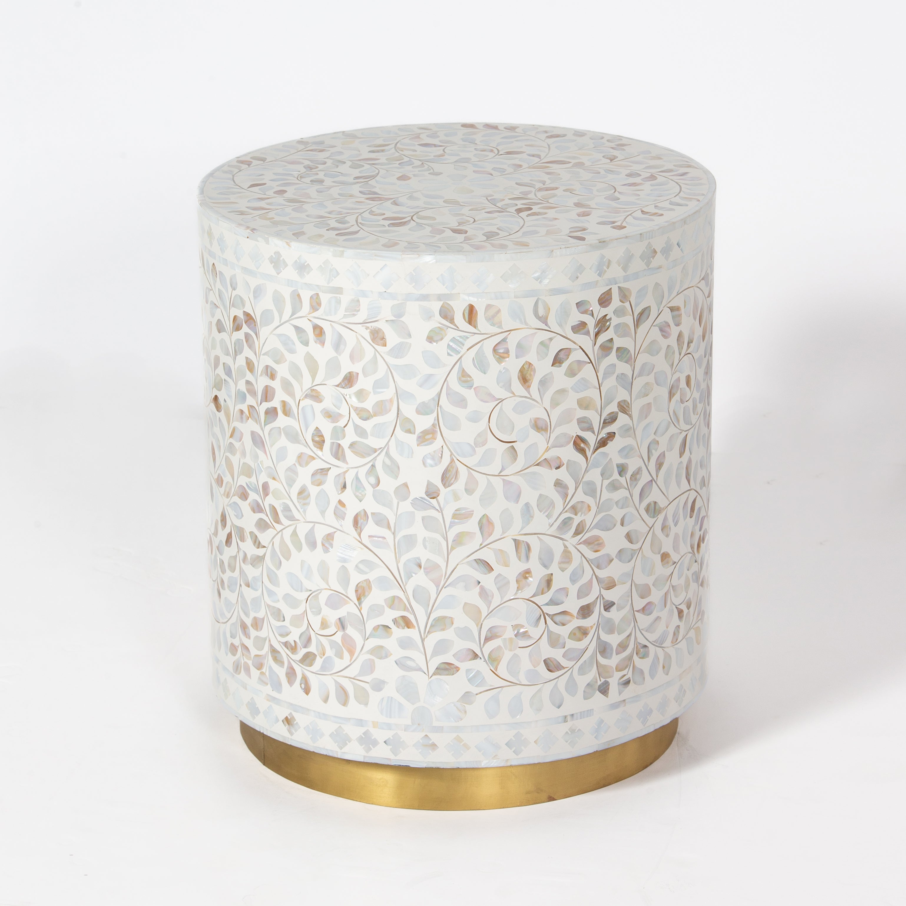 Handcrafted white Mother of Pearl inlay side table by Tabeer Homes, made from mango wood with brass base and floral detailing.