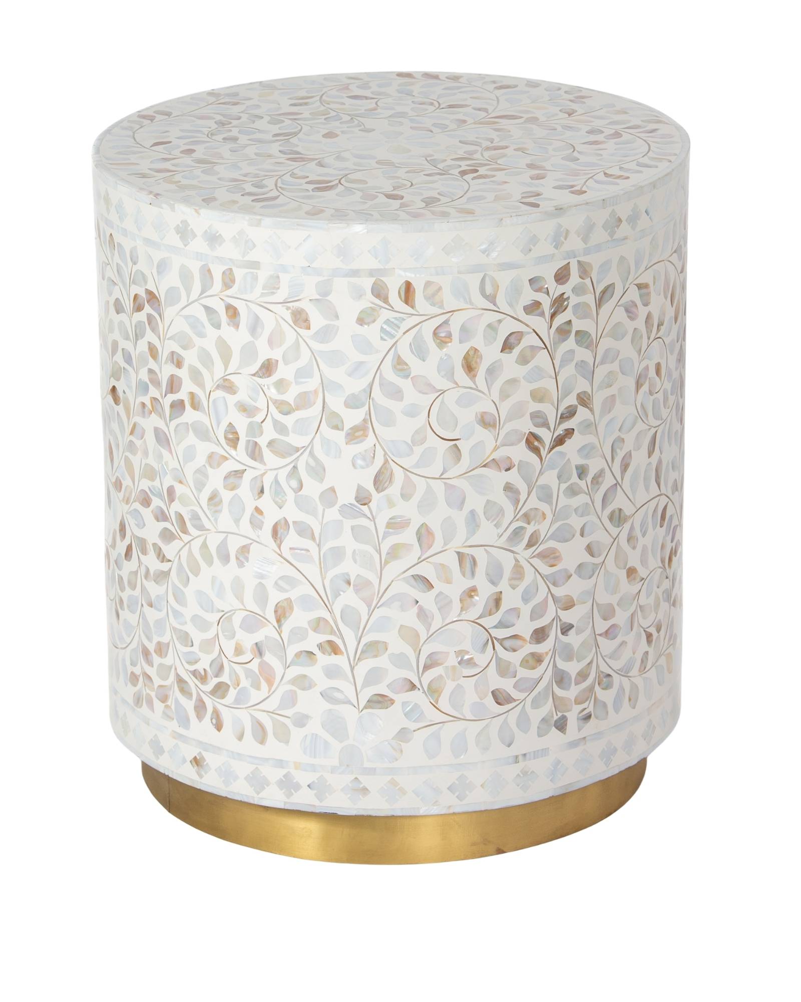 Handcrafted white Mother of Pearl inlay side table by Tabeer Homes, made from mango wood with brass base and floral detailing.
