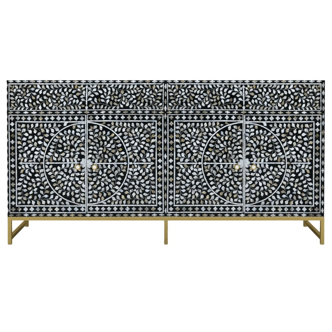 Handcrafted Black & White Sideboard Cabinet with intricate Mother of Pearl inlay, featuring a floral pattern and sleek Metal legs. A luxurious storage solution for any space.