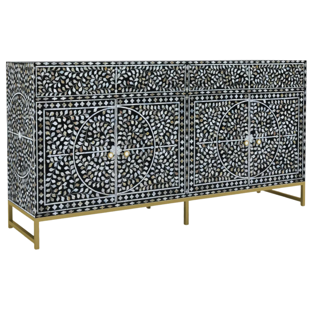 Handcrafted Black & White Sideboard Cabinet with intricate Mother of Pearl inlay, featuring a floral pattern and sleek Metal legs. A luxurious storage solution for any space.