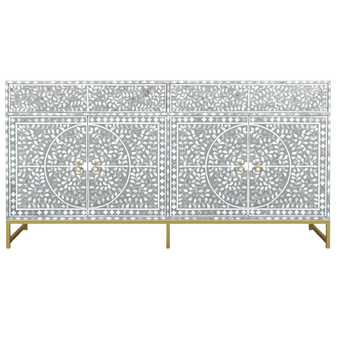 Handcrafted Grey Sideboard Cabinet with intricate Mother of Pearl inlay, featuring a floral pattern and sleek Metal legs. A luxurious storage solution for any space.