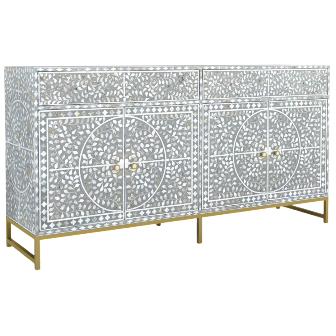 Handcrafted Grey Sideboard Cabinet with intricate Mother of Pearl inlay, featuring a floral pattern and sleek Metal legs. A luxurious storage solution for any space.