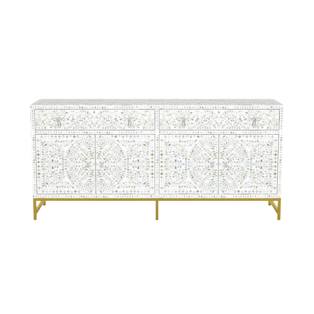 Handcrafted White Sideboard Cabinet with intricate Mother of Pearl inlay, featuring a floral pattern and sleek Metal legs. A luxurious storage solution for any space.