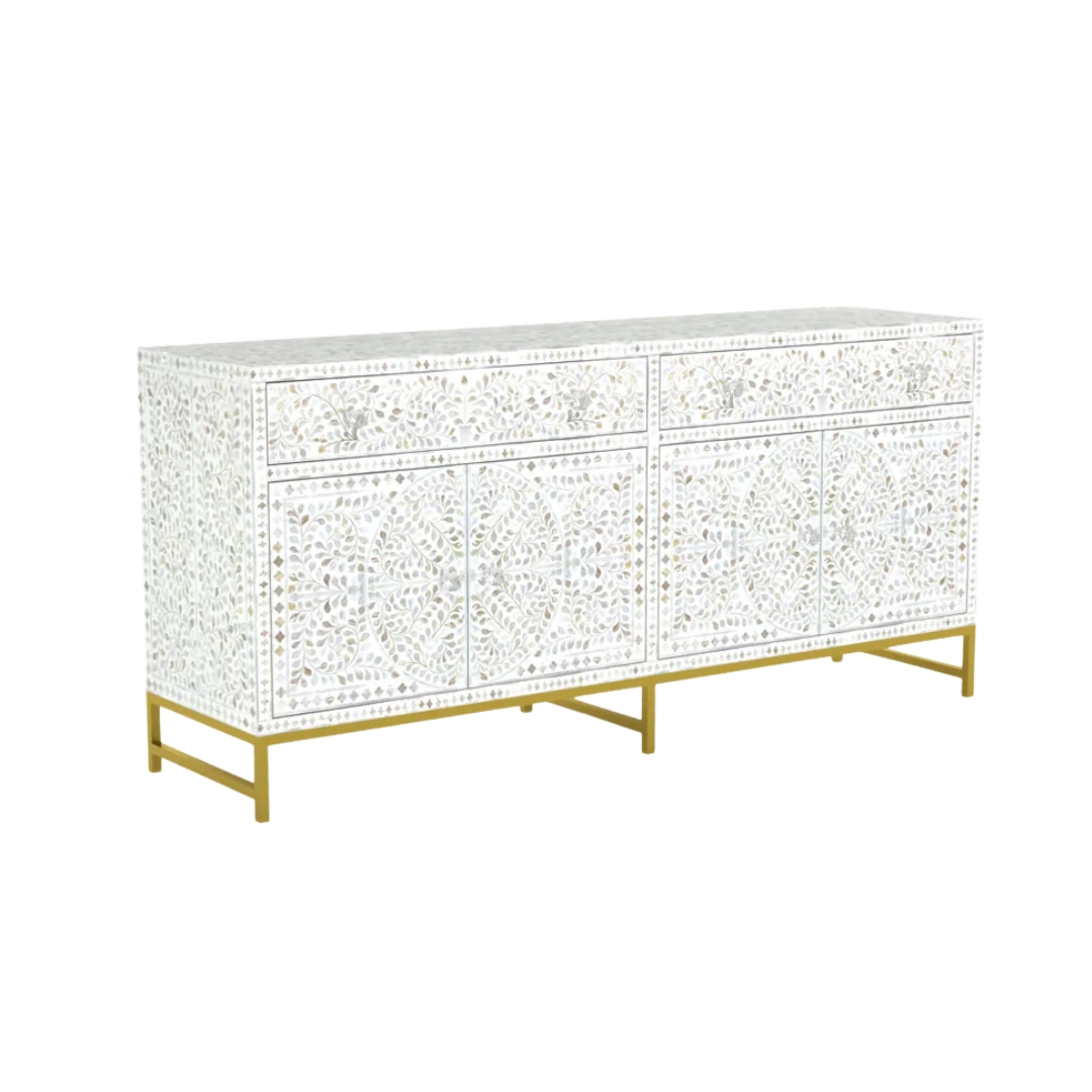 Handcrafted White Sideboard Cabinet with intricate Mother of Pearl inlay, featuring a floral pattern and sleek Metal legs. A luxurious storage solution for any space.