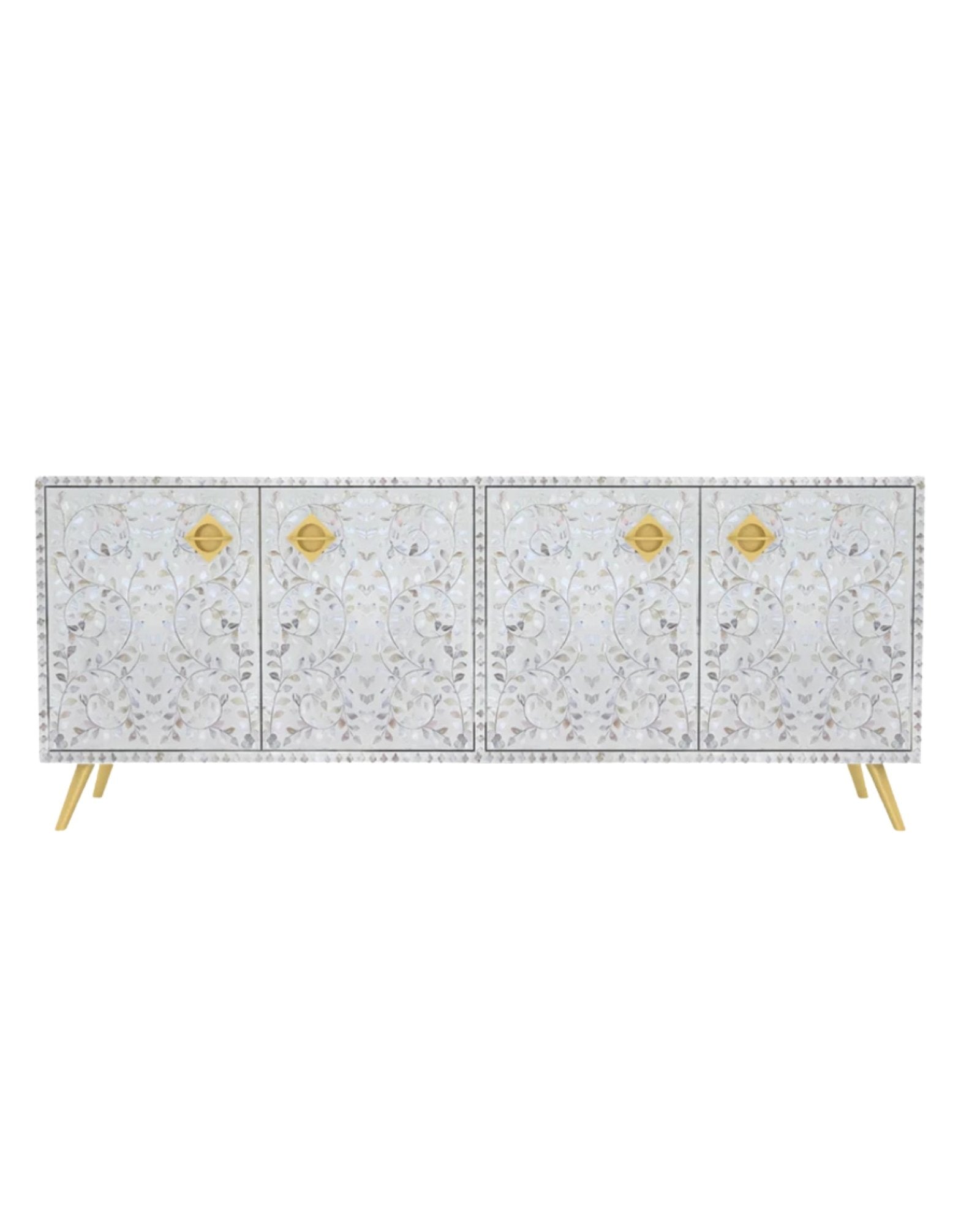 Handcrafted white TV Unit with intricate Mother of Pearl inlay, featuring a floral pattern and sleek metal legs. A luxurious storage solution for any space.
