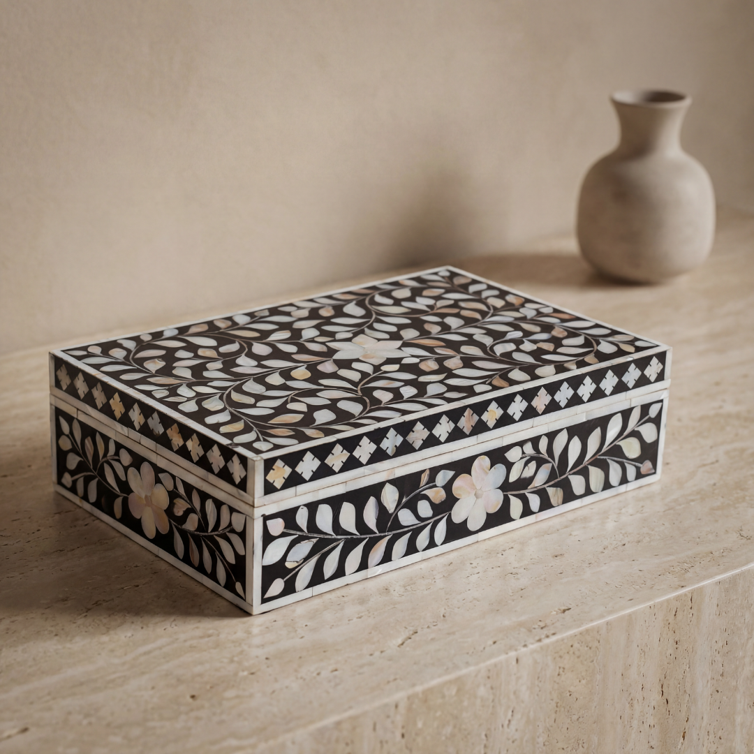 Black mother of pearl inlay decorative box with floral pattern, handcrafted storage box in wood