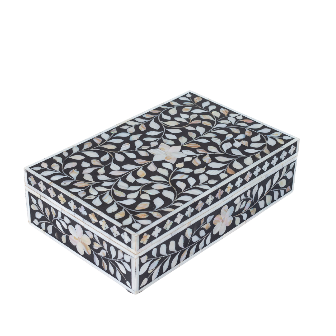 Black mother of pearl inlay decorative box with floral pattern, handcrafted storage box in wood