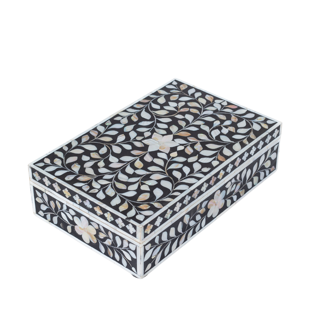 Black mother of pearl inlay decorative box with floral pattern, handcrafted storage box in wood