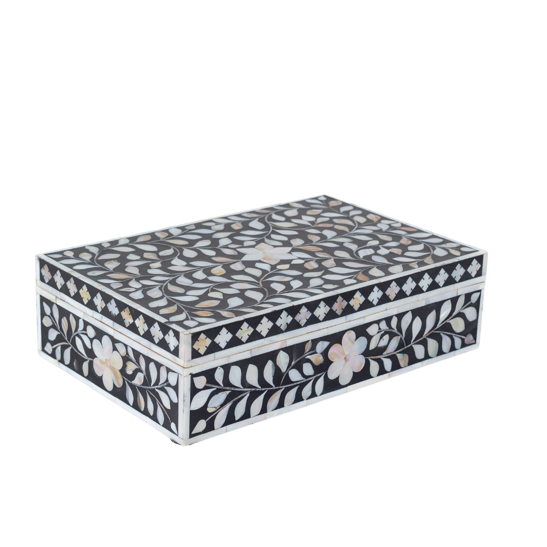 Black mother of pearl inlay decorative box with floral pattern, handcrafted storage box in wood