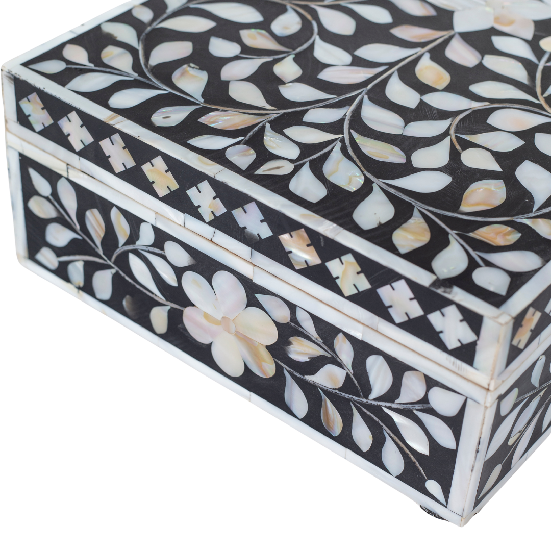 Black mother of pearl inlay decorative box with floral pattern, handcrafted storage box in wood