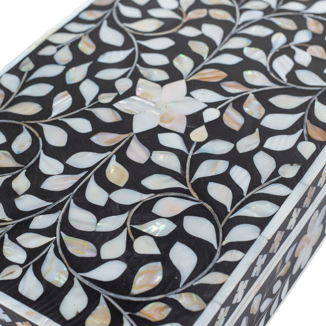 Black mother of pearl inlay decorative box with floral pattern, handcrafted storage box in wood