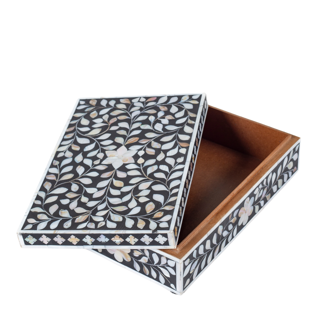 Black mother of pearl inlay decorative box with floral pattern, handcrafted storage box in wood