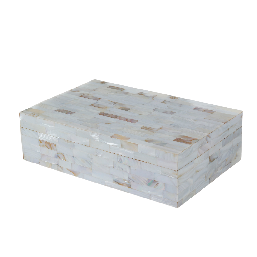 White mother of pearl inlay decorative box with mosaic pattern, handcrafted storage box in wood