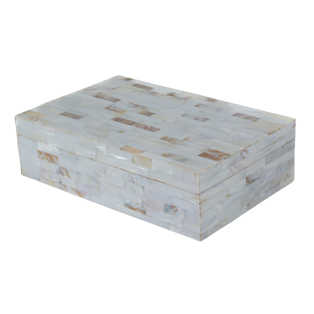 White mother of pearl inlay decorative box with mosaic pattern, handcrafted storage box in wood