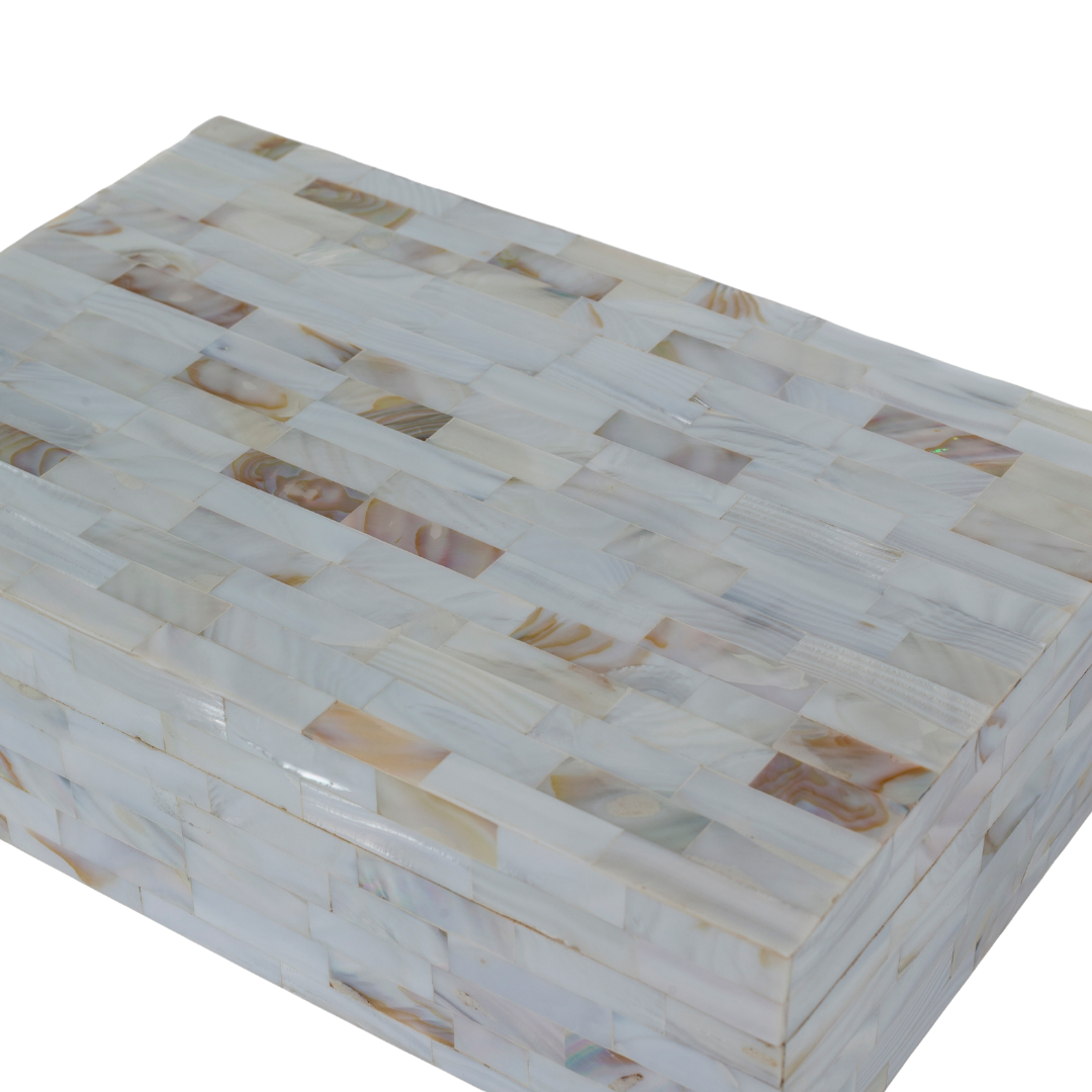 White mother of pearl inlay decorative box with mosaic pattern, handcrafted storage box in wood