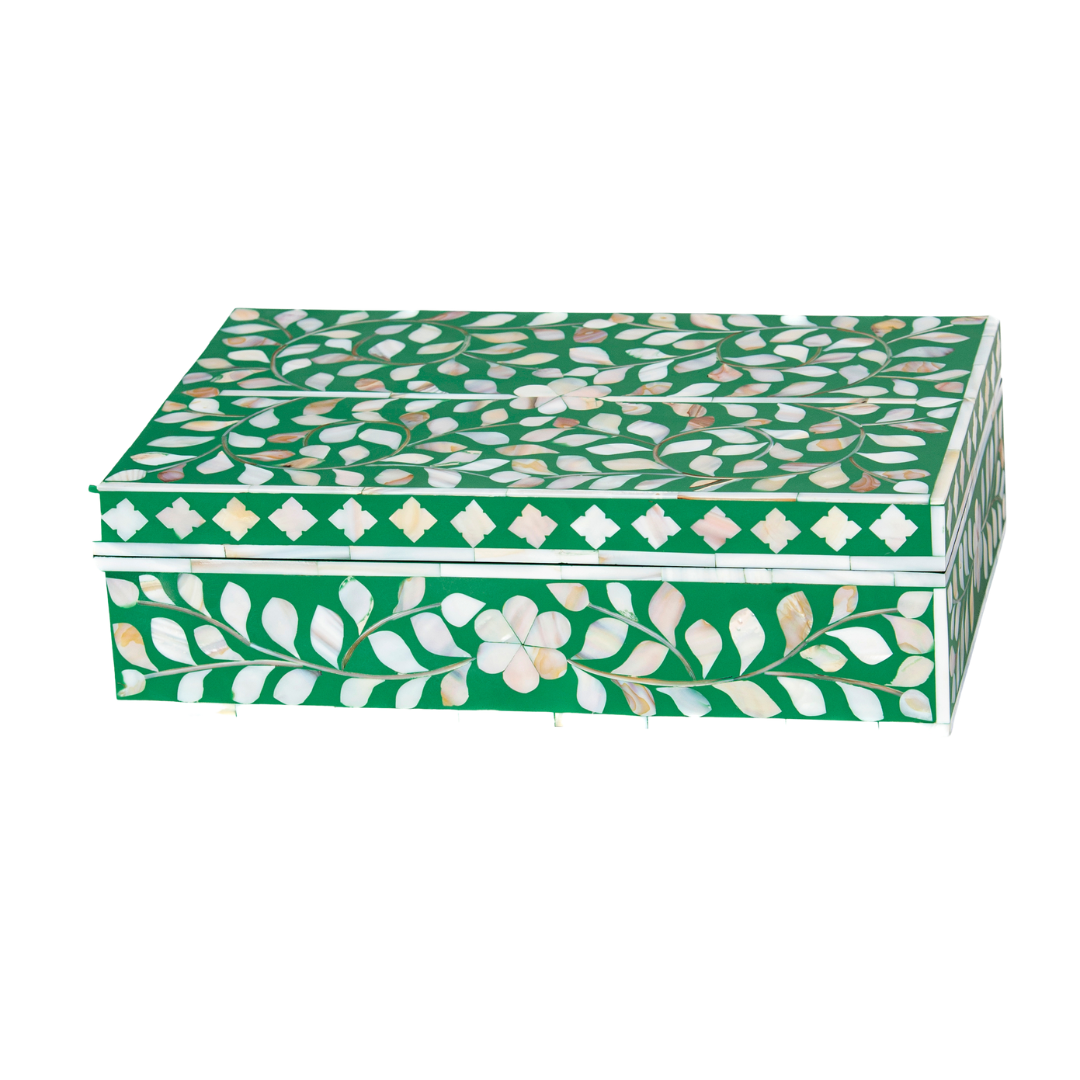 Green mother of pearl inlay decorative box with floral pattern, handcrafted storage box in wood