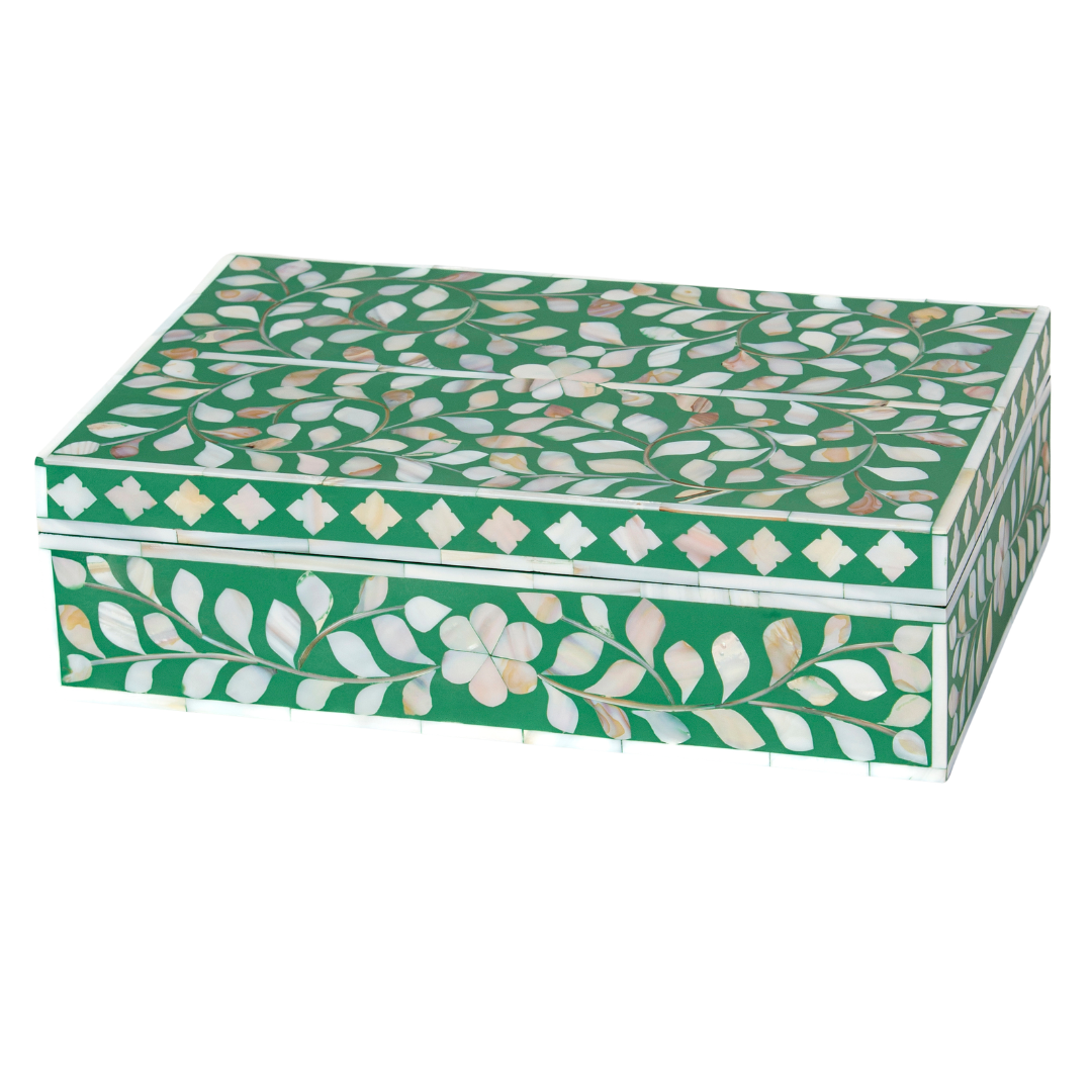 Green mother of pearl inlay decorative box with floral pattern, handcrafted storage box in wood